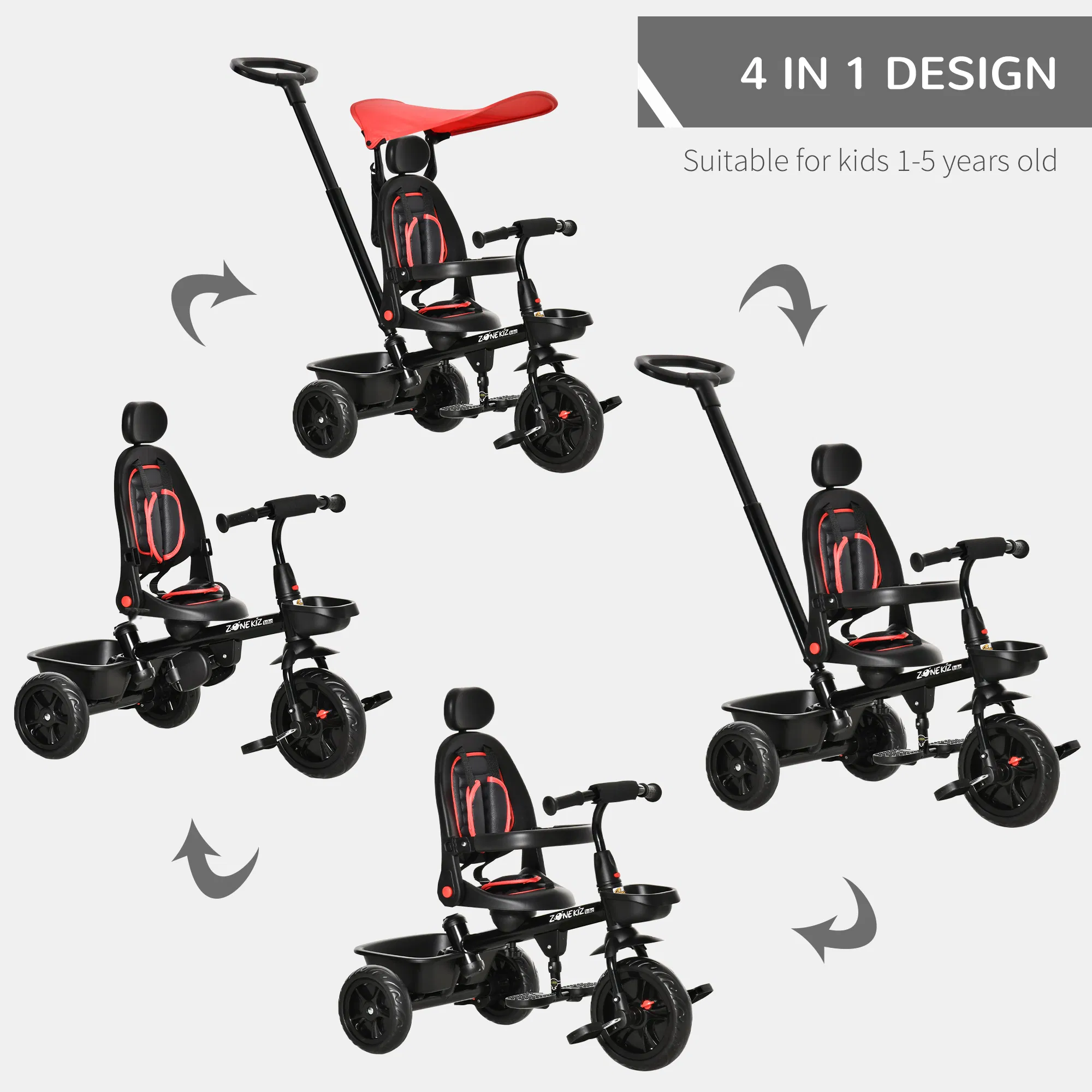Kids Tricycle 4 In 1 Trike with Reversible Angle Adjustable Seat Removable Handle Canopy Handrail Belt Storage Footrest Brake Clutch for 1-5 Years Old Red photo 2
