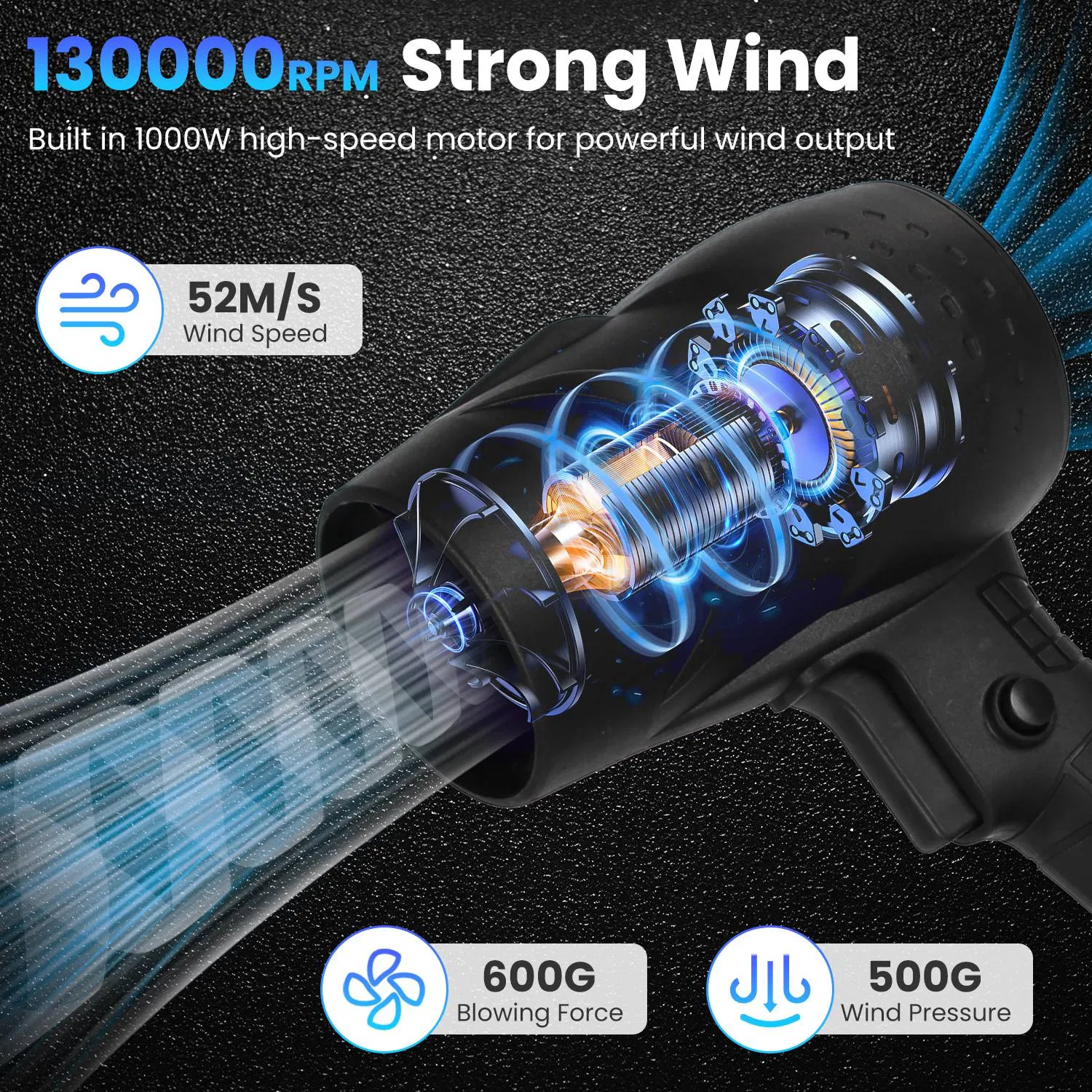 Portable Cordless Mini Blower (with Carrying Case), 130000RPM High Wind Speed & 1000W Motor, Wireless Design for Vehicle/Home/Outdoor Debris/Snow Clearing photo 4