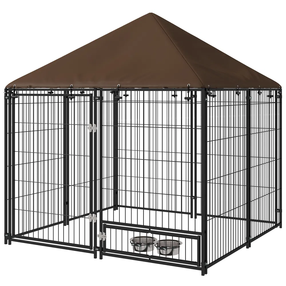 4.6' x 4.6' x 5' Outdoor Dog Kennel with Canopy, Rotating Bowls, Coffee photo 7