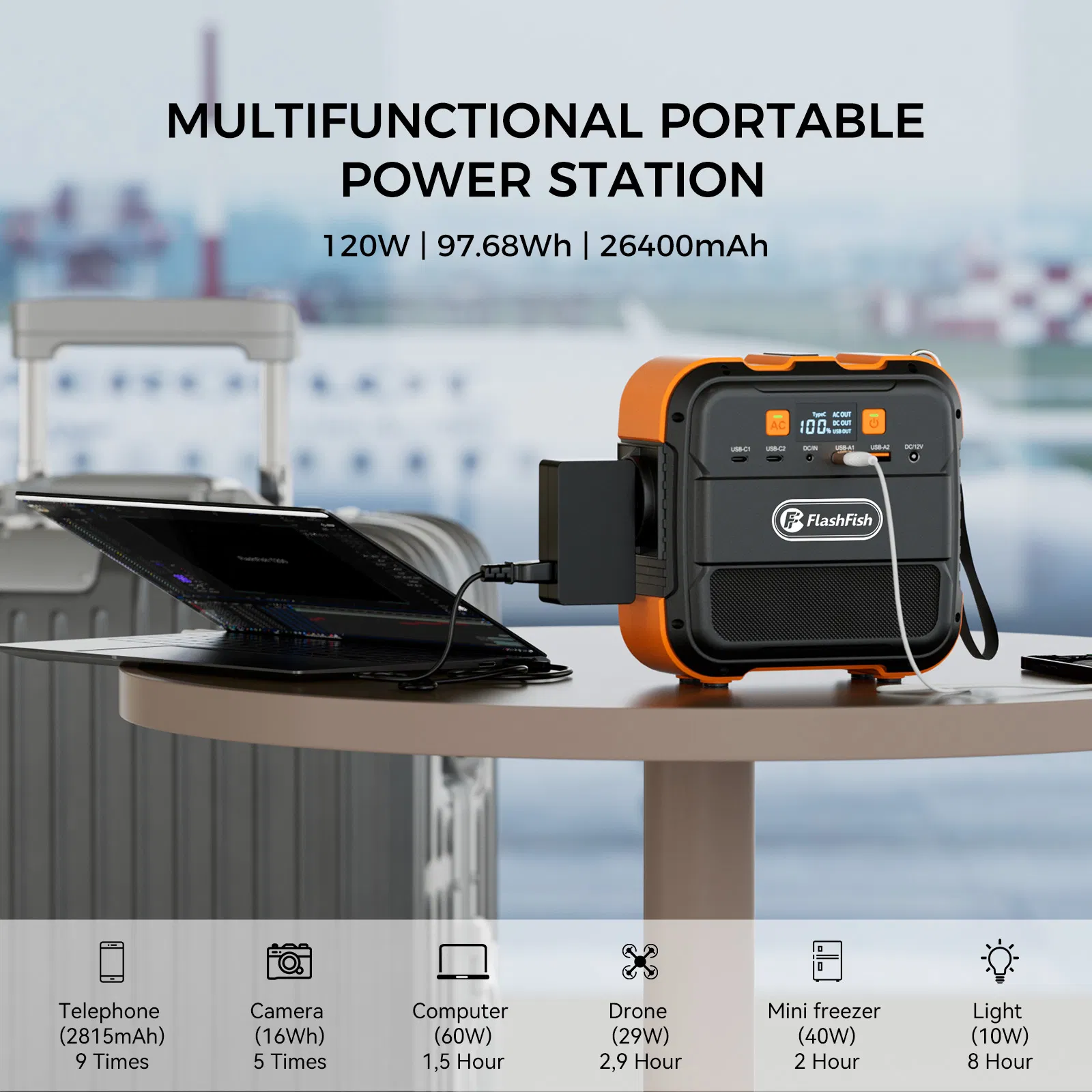 Flashfish 120W Portable Power Station, 98Wh/26400mAh Solar Generator Backup Power Battery Pack With AC/DC/Type-c/USB/Flashlight, 110V Power Bank For Charging Laptop Phone Tablet In Camping RV Van Trip photo 6