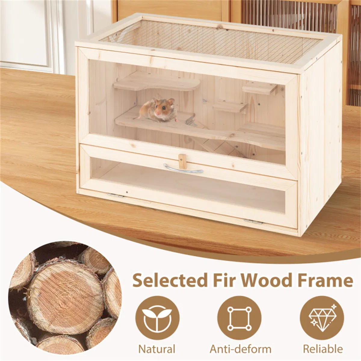 Fir Wood Hamster Cage with Flip Roof, Multi-Ladder Activity Areas for Guinea Pigs Hedgehogs photo 4