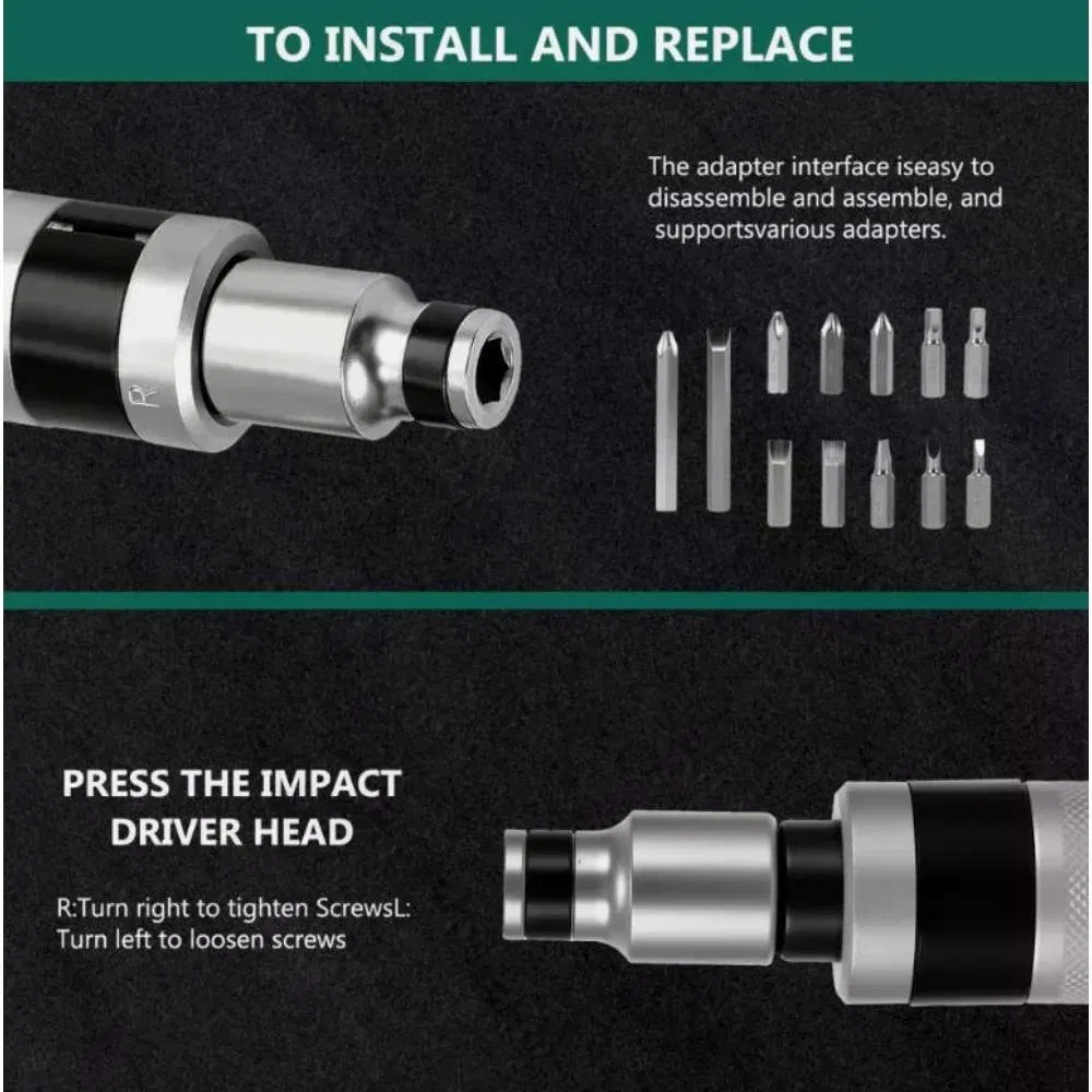 13Pcs Impact Screwdriver Set S2 Alloy Steel Bit Kit Reversible R/L Torque Driver Anti Slip Knurled Handle Rust Stripped Seized Screw Remover with Phillips Slotted Hex Bits Green Metal photo 4