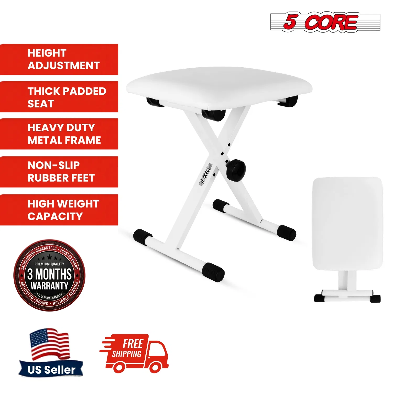 5 Core Keyboard Bench 2 Inch Padded Cushioned Piano Stool Height Adjustable 19" Guitar Seat Portable photo 3