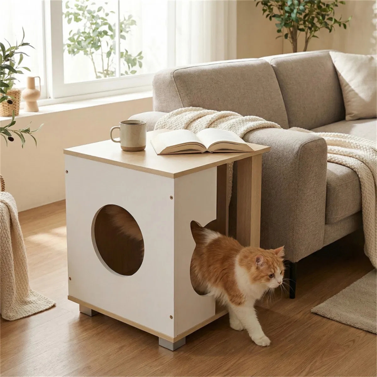 Multipurpose Wooden Cat House Nightstand, Sturdy Metal Base Anti-Slip Pet Furniture photo 4