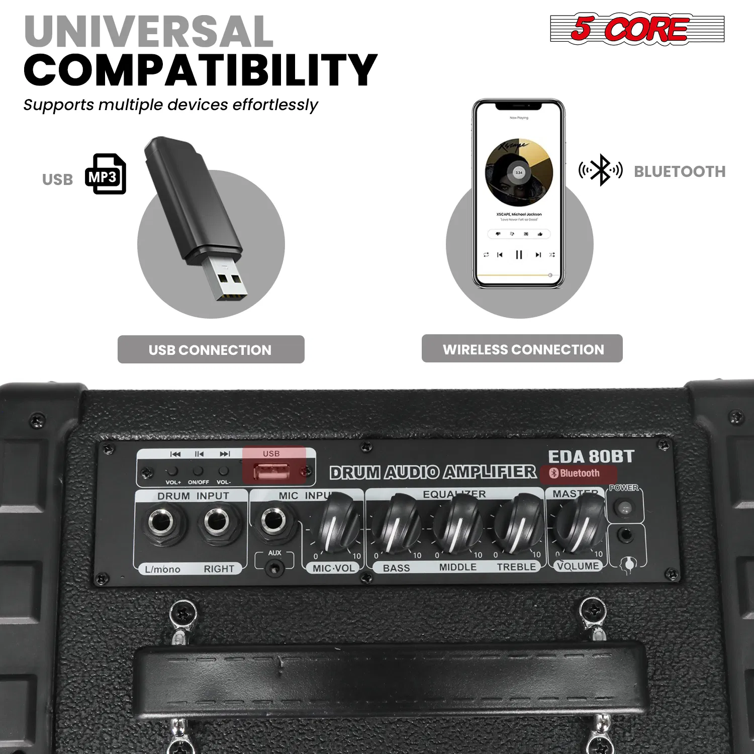 5 Core Electric Drum Amplifier 80W Professional Bluetooth Drumming Amp w 8' Speaker w 3 Band EQ photo 8