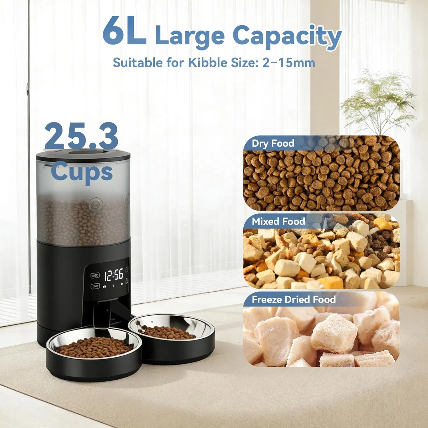 6L Automatic Cat Feeder for 2 Cats, Timed Cat Food Dispenser with 2 Stainless Bowls, 10s Voice Recorder, Dual Power Supply, 6 Meals 50 Portions Per Day, Dual Pet Feeder for Cat and Dog photo 6