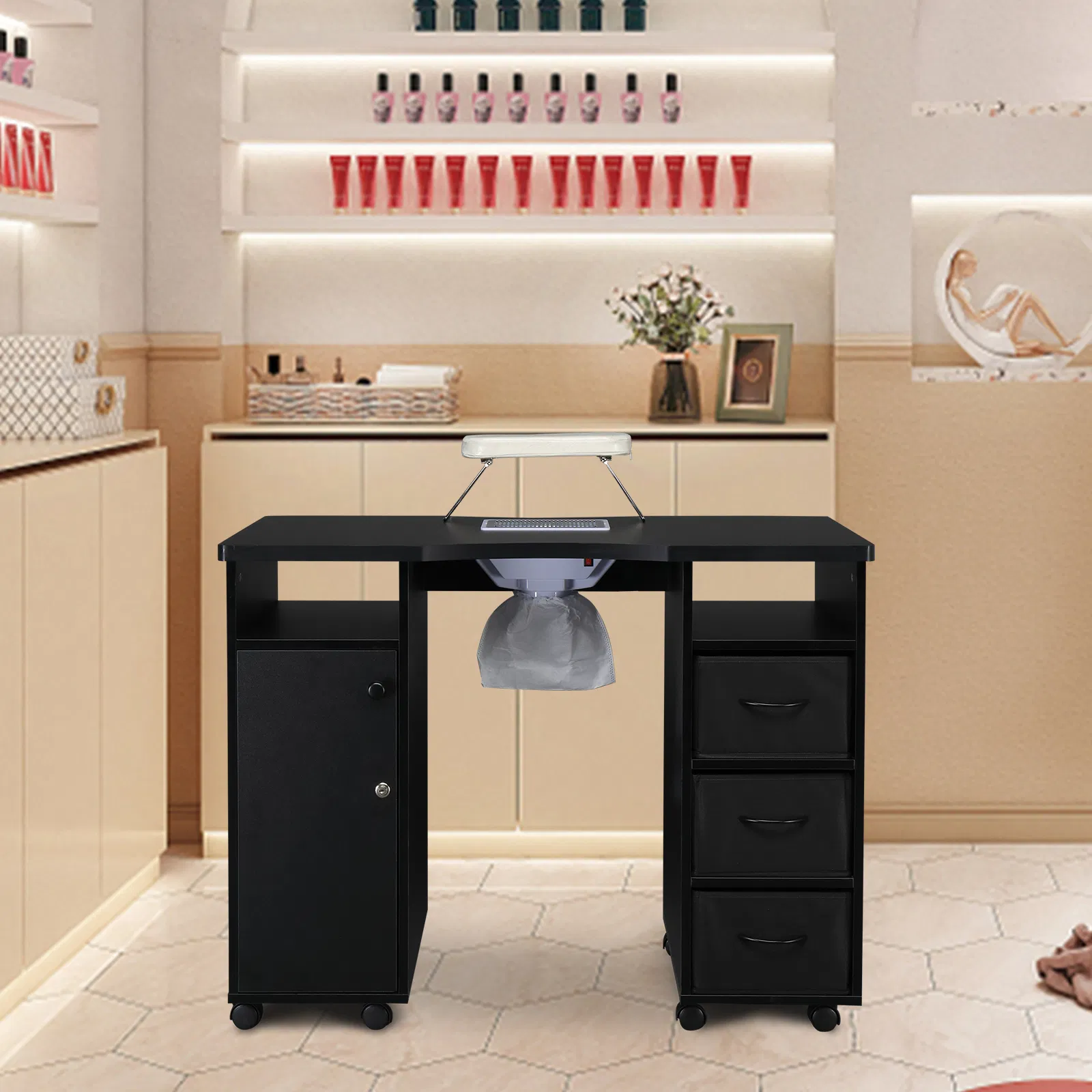 MDF Double Cabinet 3 Drawers 1 Door With Fan Manicure Table Black photo 2