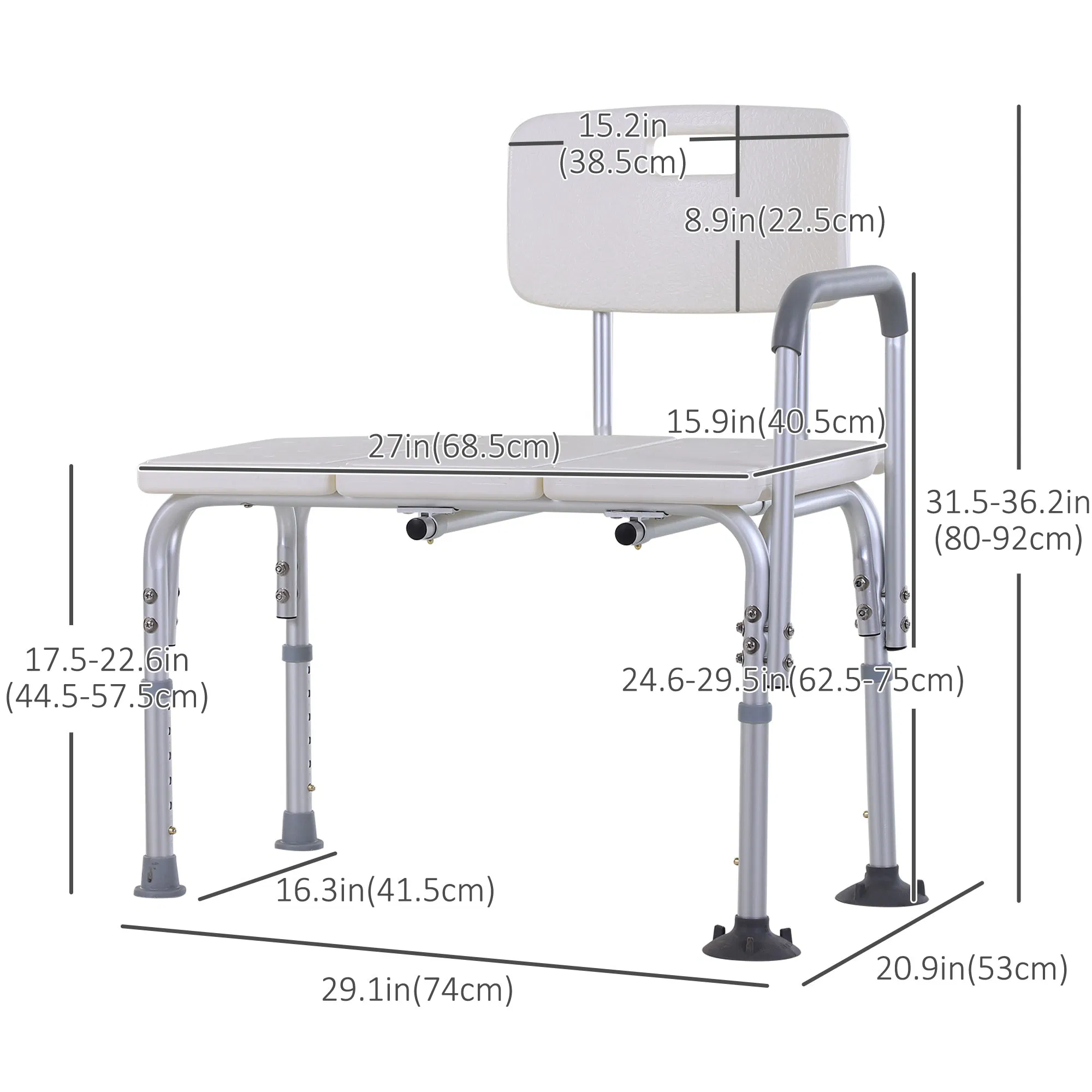 6-Level Adjustable Bath and Shower Transfer Bench Aluminum Chair with Non-Slip Feet, Armrest & Backrest White photo 2
