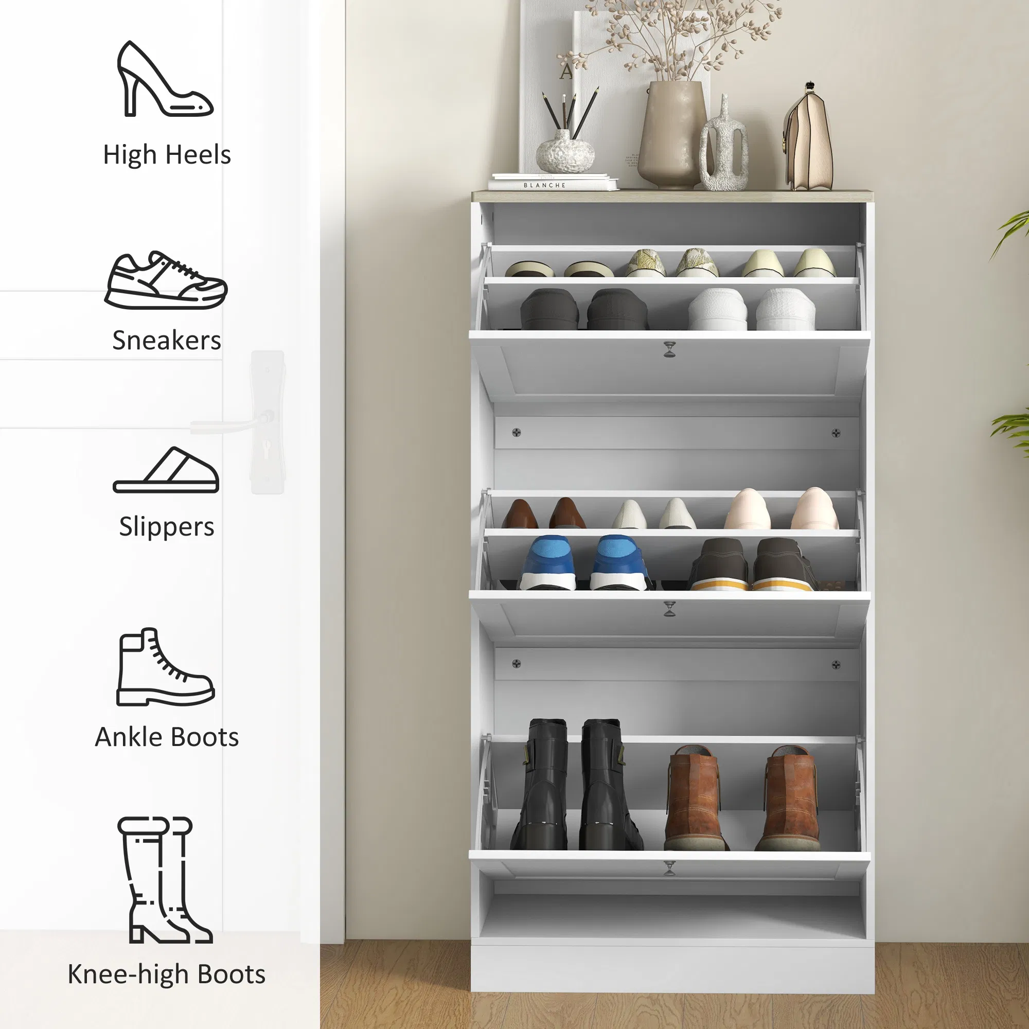 Modern Shoe Storage with 3 Flip Drawers and Adjustable Shelves, Shoe Cabinet Organizer for 18 Pairs of Shoes, White photo 5