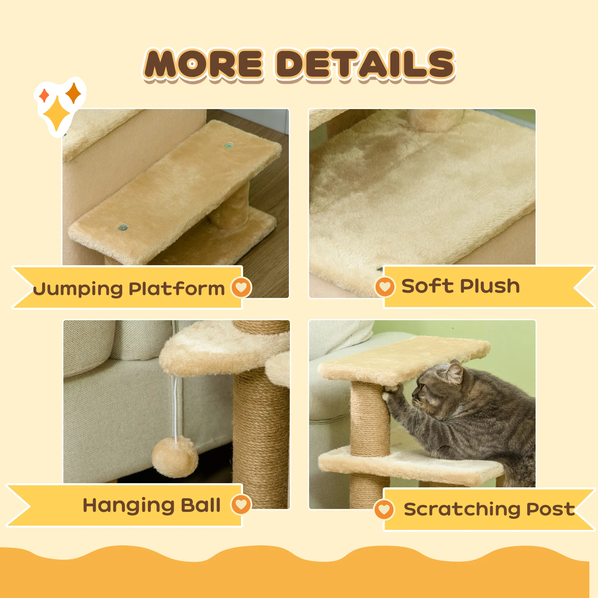 Cat Stairs Pet Steps for Couch Bed with Scratching Posts Condo Ball Toy, 23.6" x 15.7" x 26", Beige photo 2