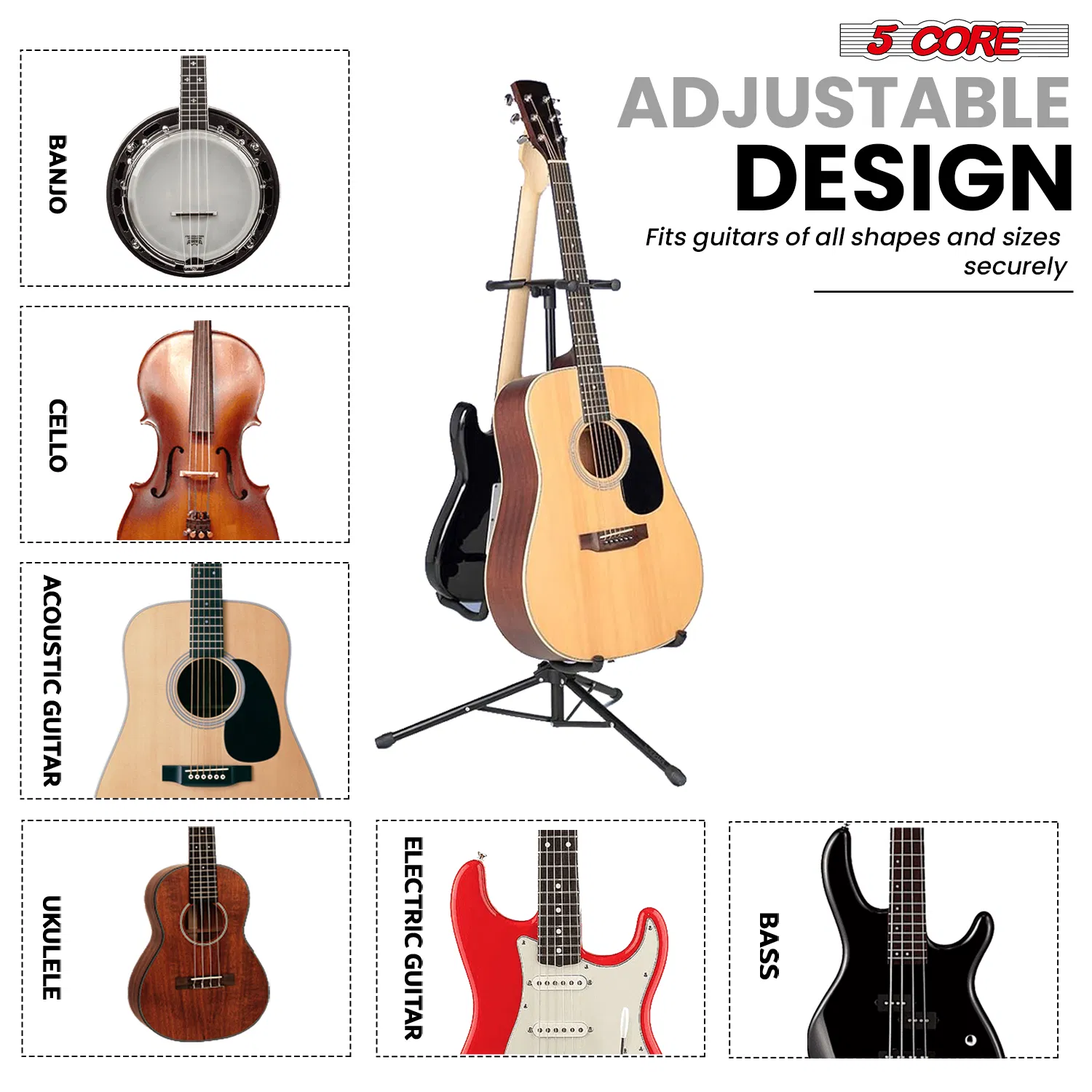 5 Core Guitar Stand Adjustable Double Guitars Stands Floor w Neck Holder Universal Supports for Acoustic Electric Classic Bass Instrument Folding Portable photo 6