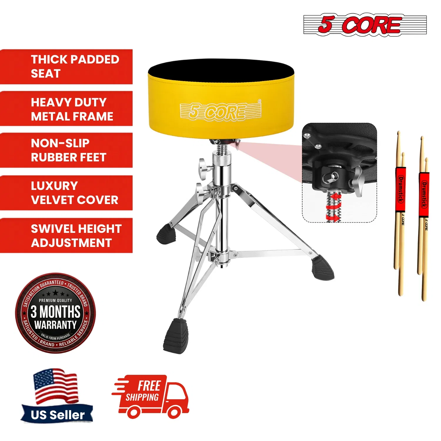 5 CORE Drum Throne Padded Guitar Stool Height Adjustable Heavy Duty Music Chair Seat Universal for Adults & Kids with Anti Slip Rubber Feet - DS CH BLK VEL HD photo 6