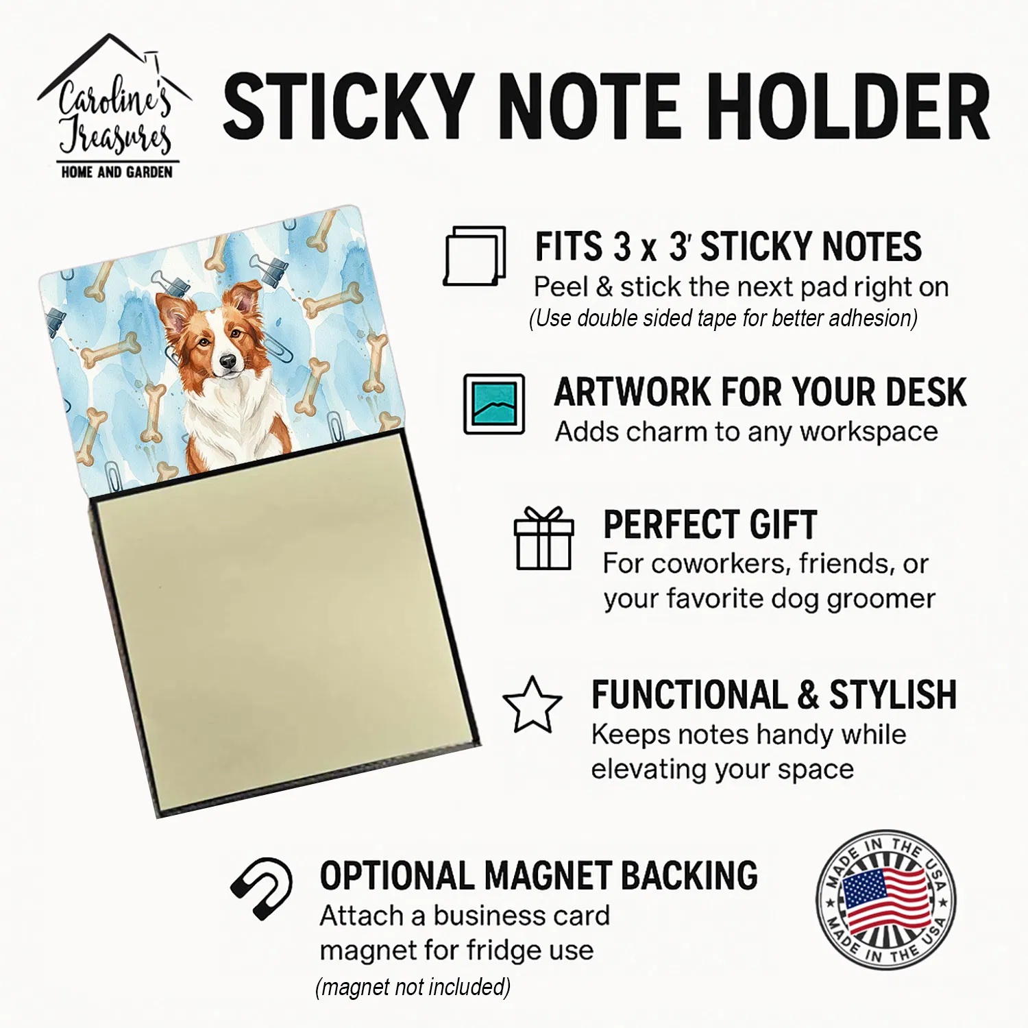 Red and White Border Collie Coworker Watercolor Sticky Note Holder Refillable Dispenser Desk Accessory 3x3 Pad Gift photo 2