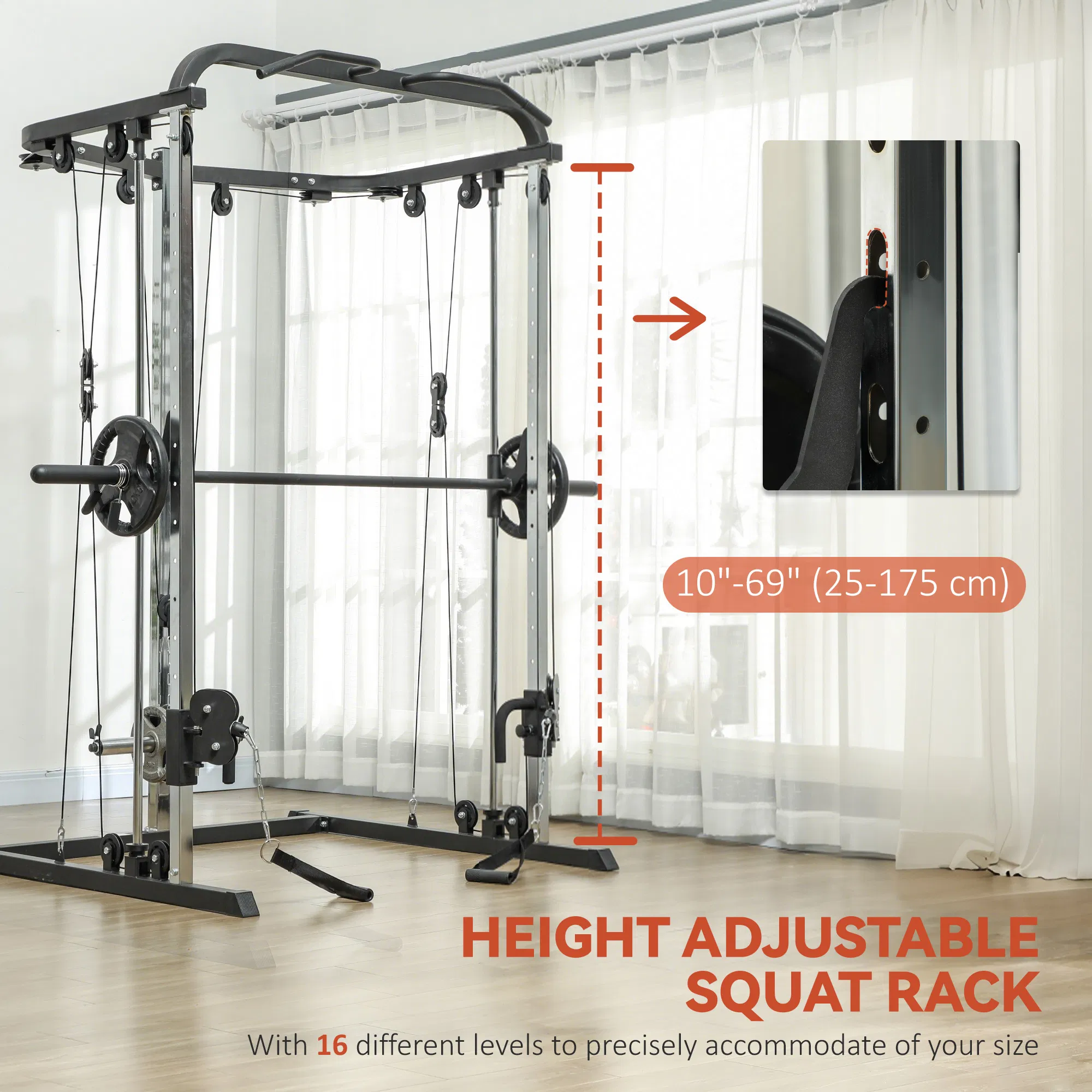 3 In 1 Smith Machine Power Rack with Cable Crossover System, Pull up Station, 16-Level Squat Rack and Barbell Bar photo 5