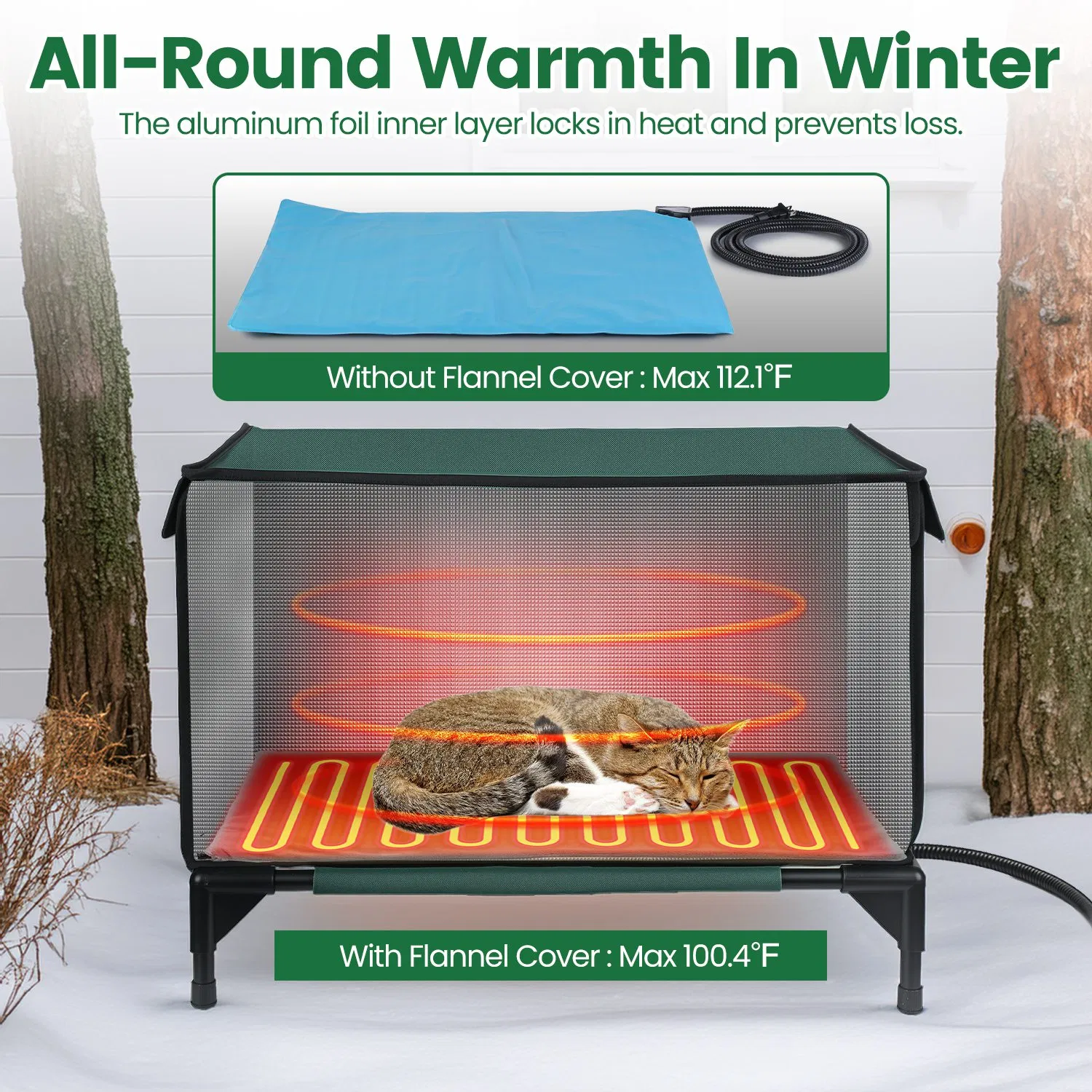 Waterproof Heated Cat House Outdoor Weatherproof Insulated Kitty Shelter Feral Cat Heating Bed with Heating Pad Anti-Chew Cord 2 Doors 3 Windows for Indoors Outdoors Winter Summer photo 8