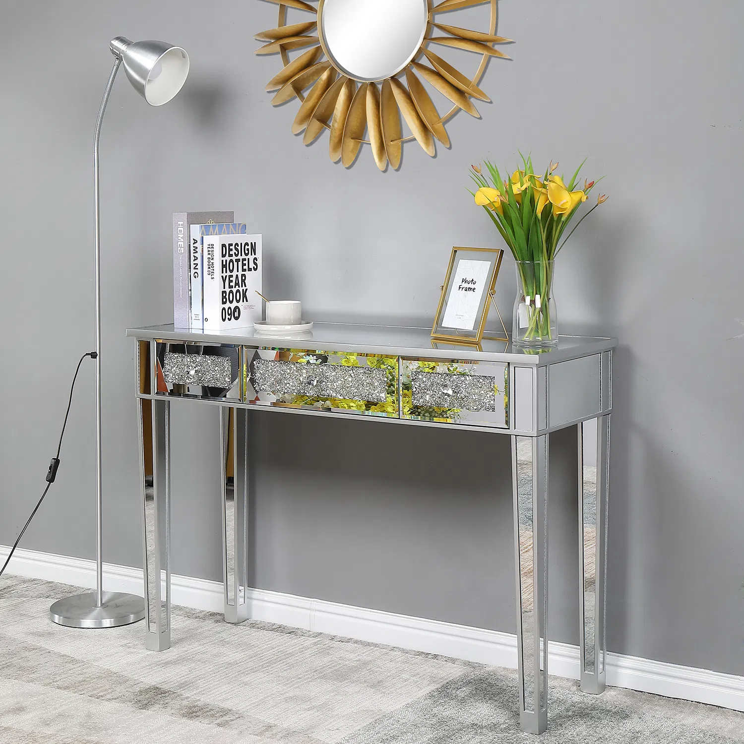 FCH Silver MDF Mirror Surface Broken Glass Three Pumping Computer Desk photo 8