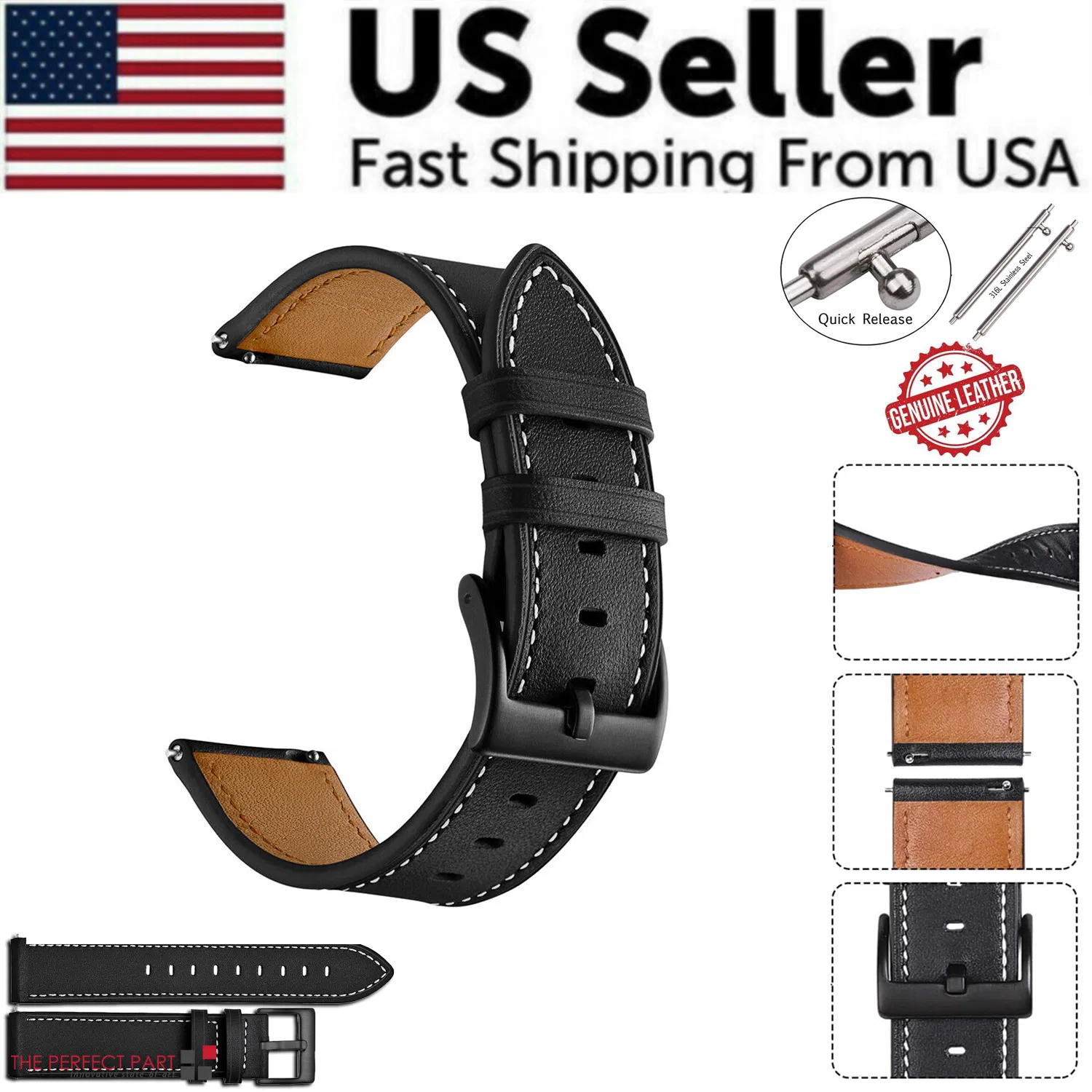 18mm 20mm 22mm Classic Genuine Leather Watch Band Strap Quick Release Wristband photo 1