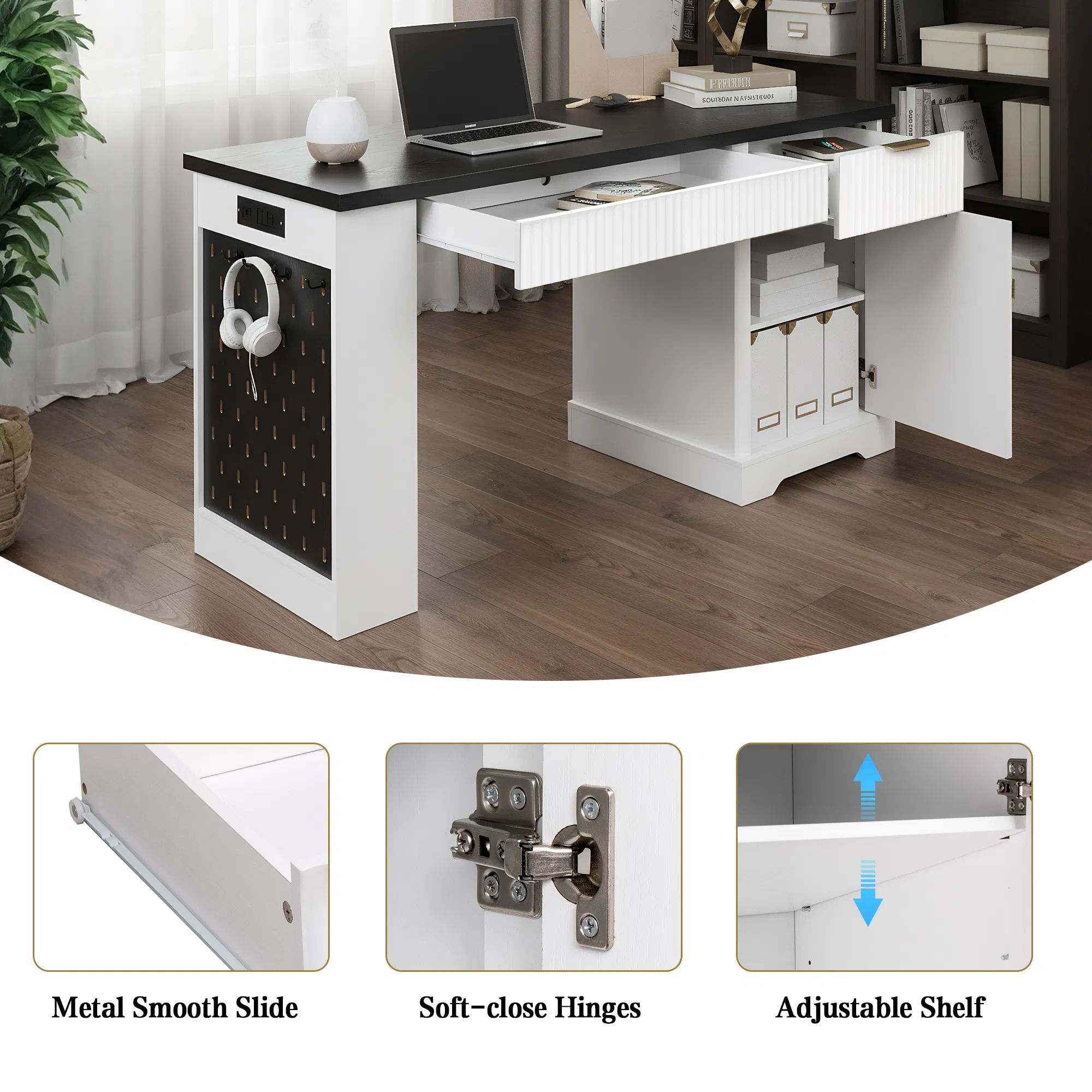 55" Modern Fluted Office Desk with Storage Cabinet & Drawers, Computer Writing Desk with Power Outlet, Pegboard, Built-in Shelves and Keyboard Tray for Study, Living Room, Home Office, White photo 4