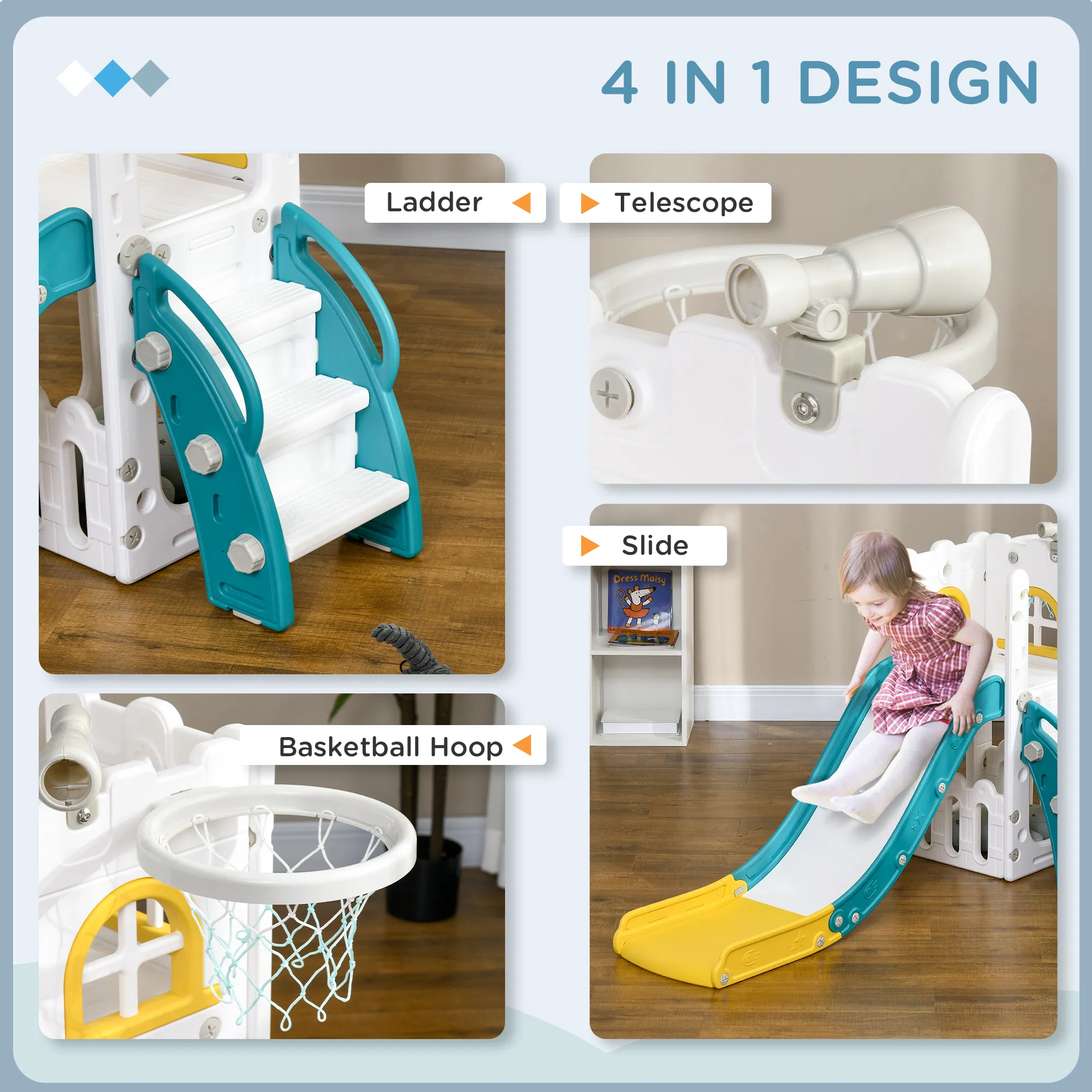 4 in 1 Toddler Slide with Basketball Hoop, Climber, Telescope, Storage Basket, for 1-3 Years Kids Indoor Use, Yellow photo 3
