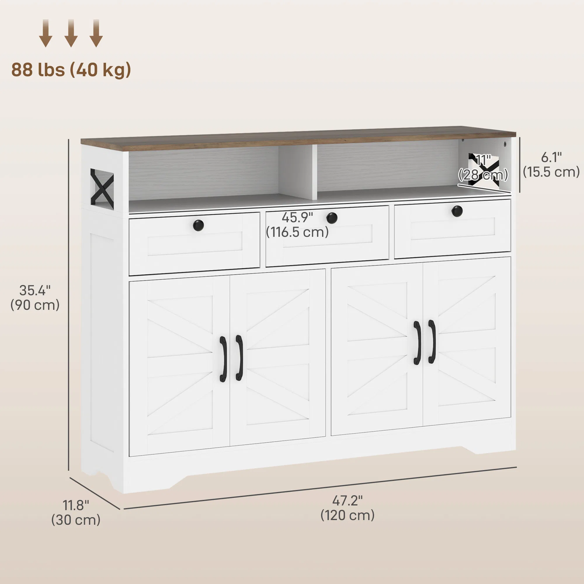 Sideboard, Buffet Cabinet with 4 Barn Doors and 3 Drawers, Coffee Bar Cabinet with Adjustable Shelves, White photo 2