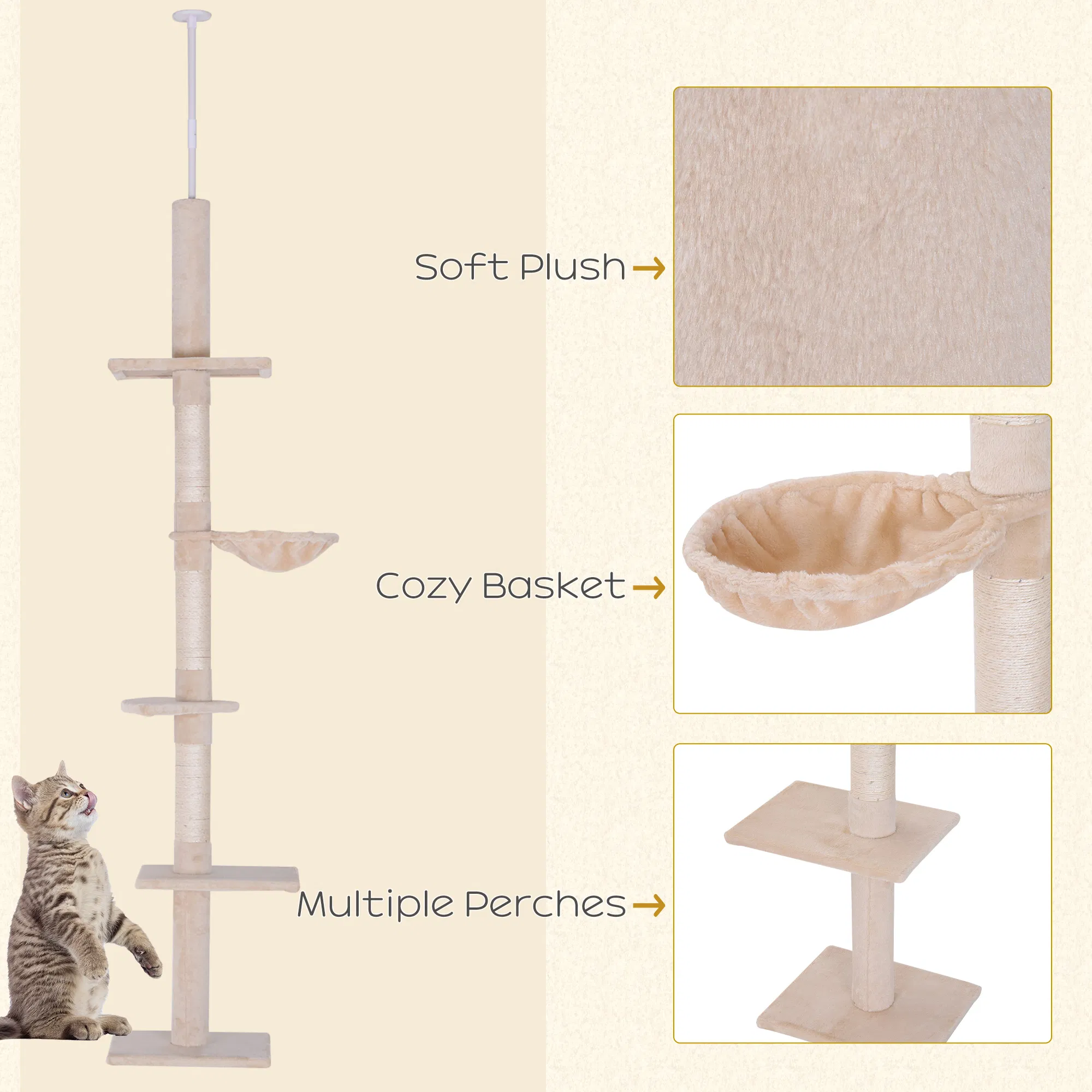 8.5ft Cat Climbing Tree 5-Tier Kitty Activity Center with Scratching Post Beige photo 3
