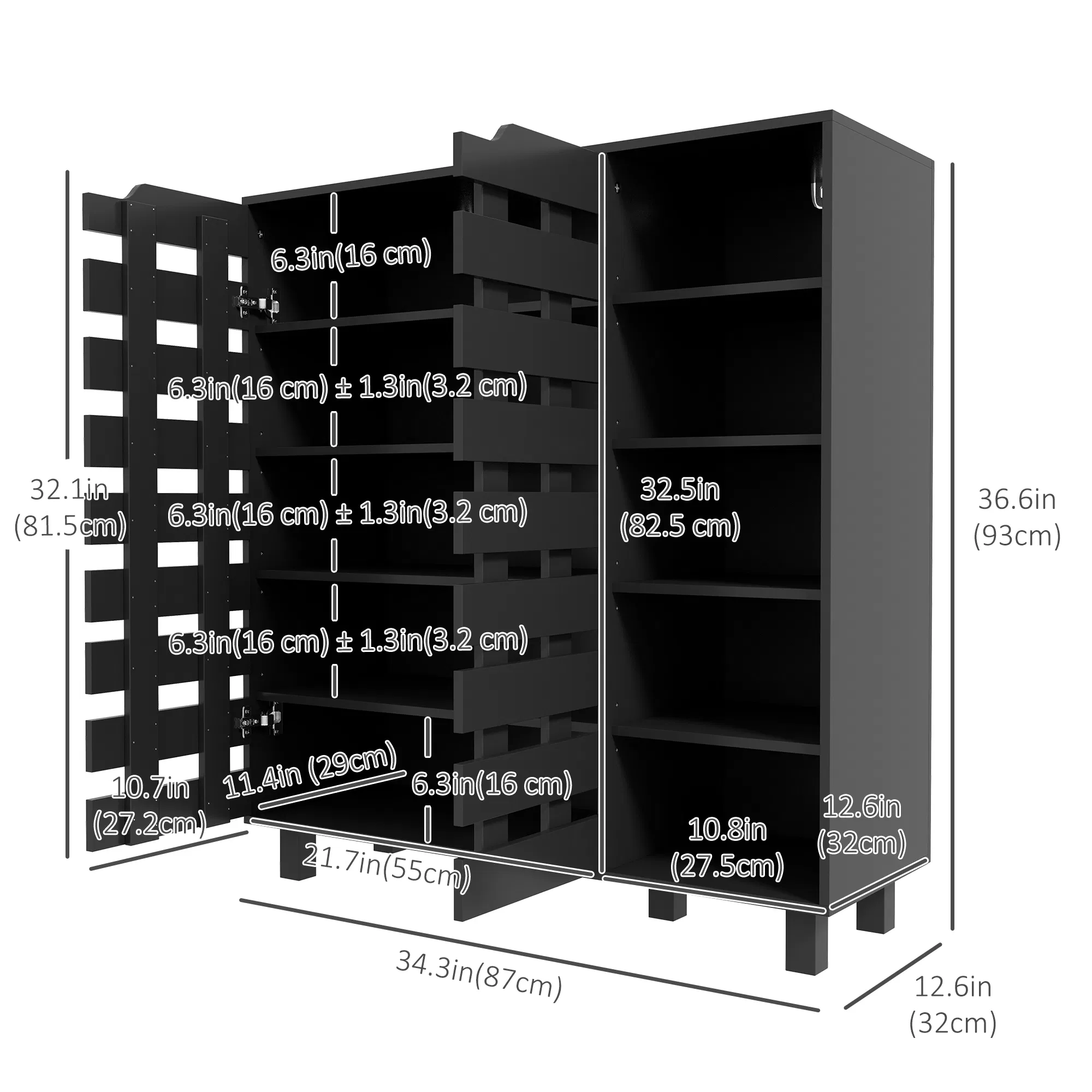Shoe Cabinet, 21 Pair Shoe Storage Cabinet Organizer with 5-tier Double Door Cupboard and 5-tier Open Shelves, Black photo 5