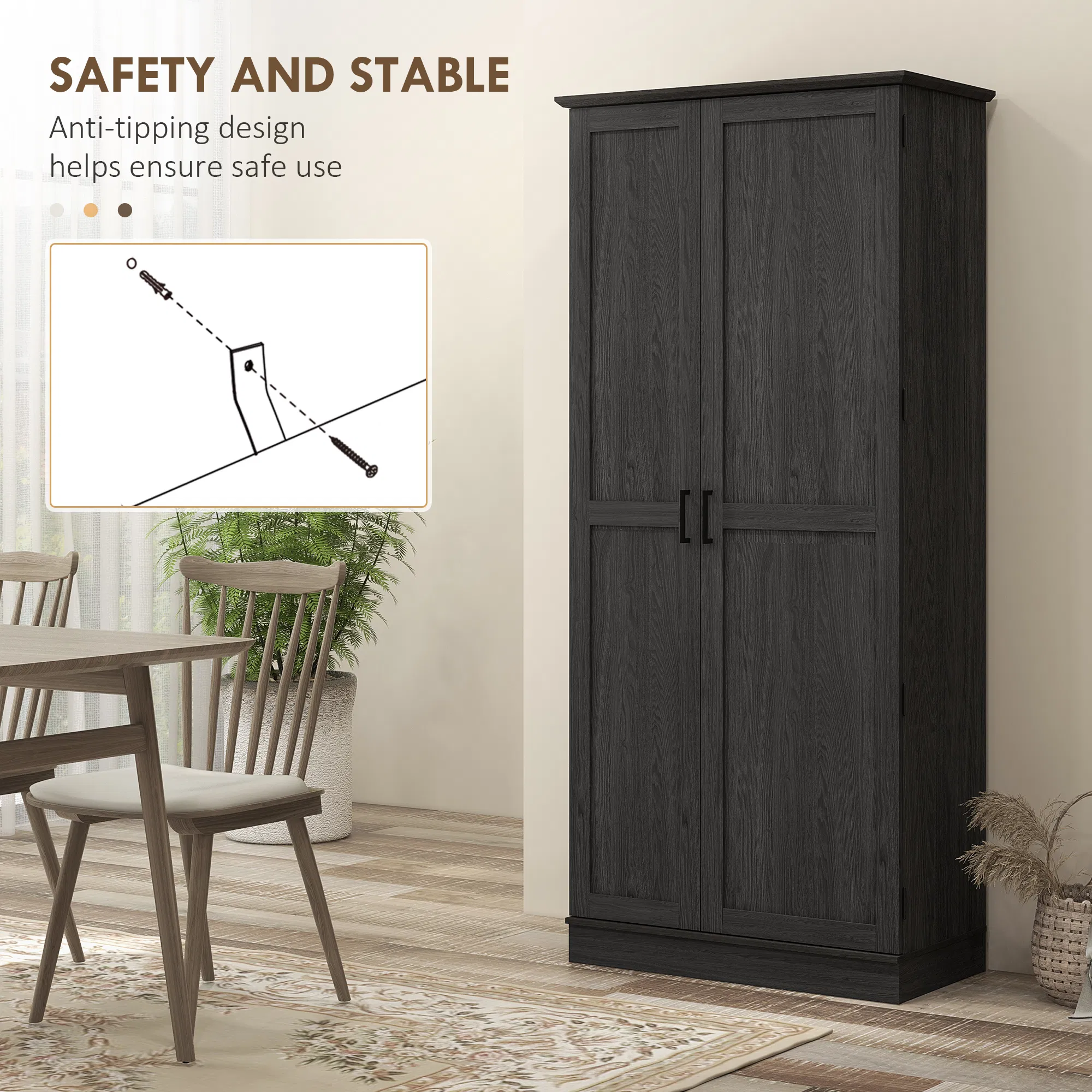 70" Tall Kitchen Pantry Cabinet with Door Shelves and Adjustable Shelves, Black Wood Grain photo 3