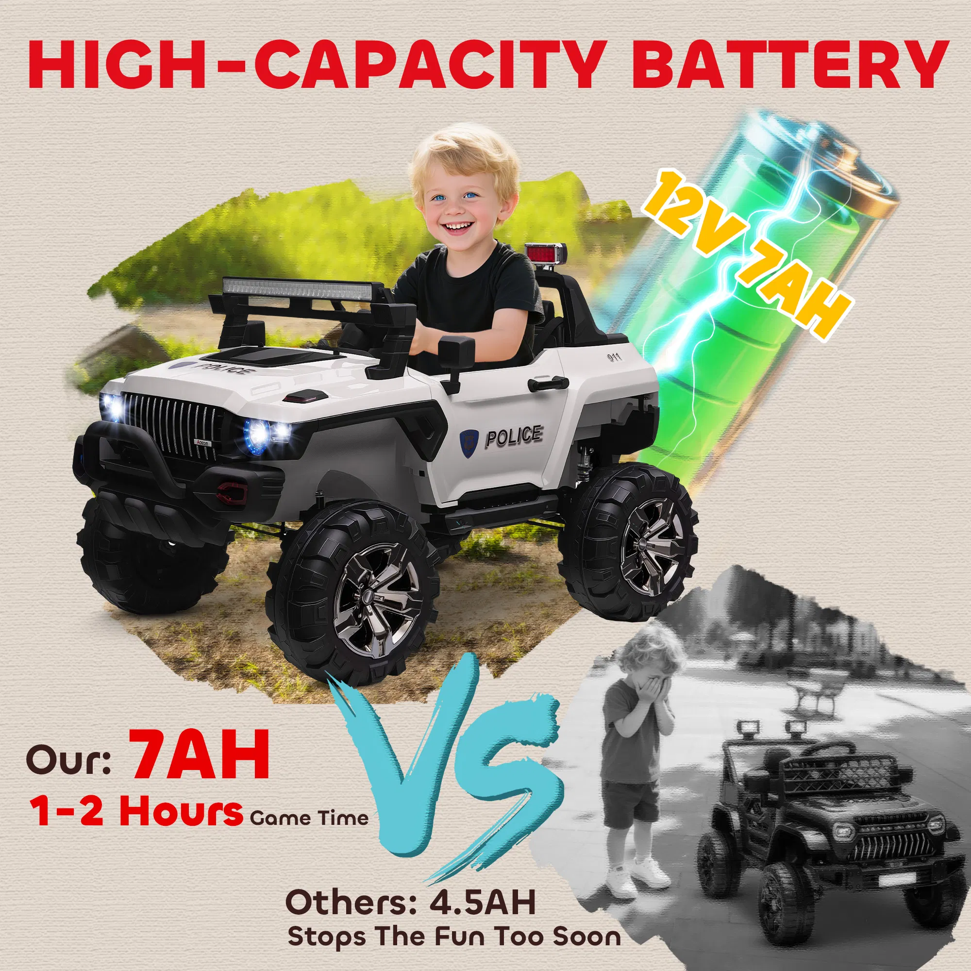 Kids Ride-On Car 12V RC 2-Seater Police Truck Electric Car For Kids with Full LED Lights, MP3, Parental Remote Control (White) photo 5