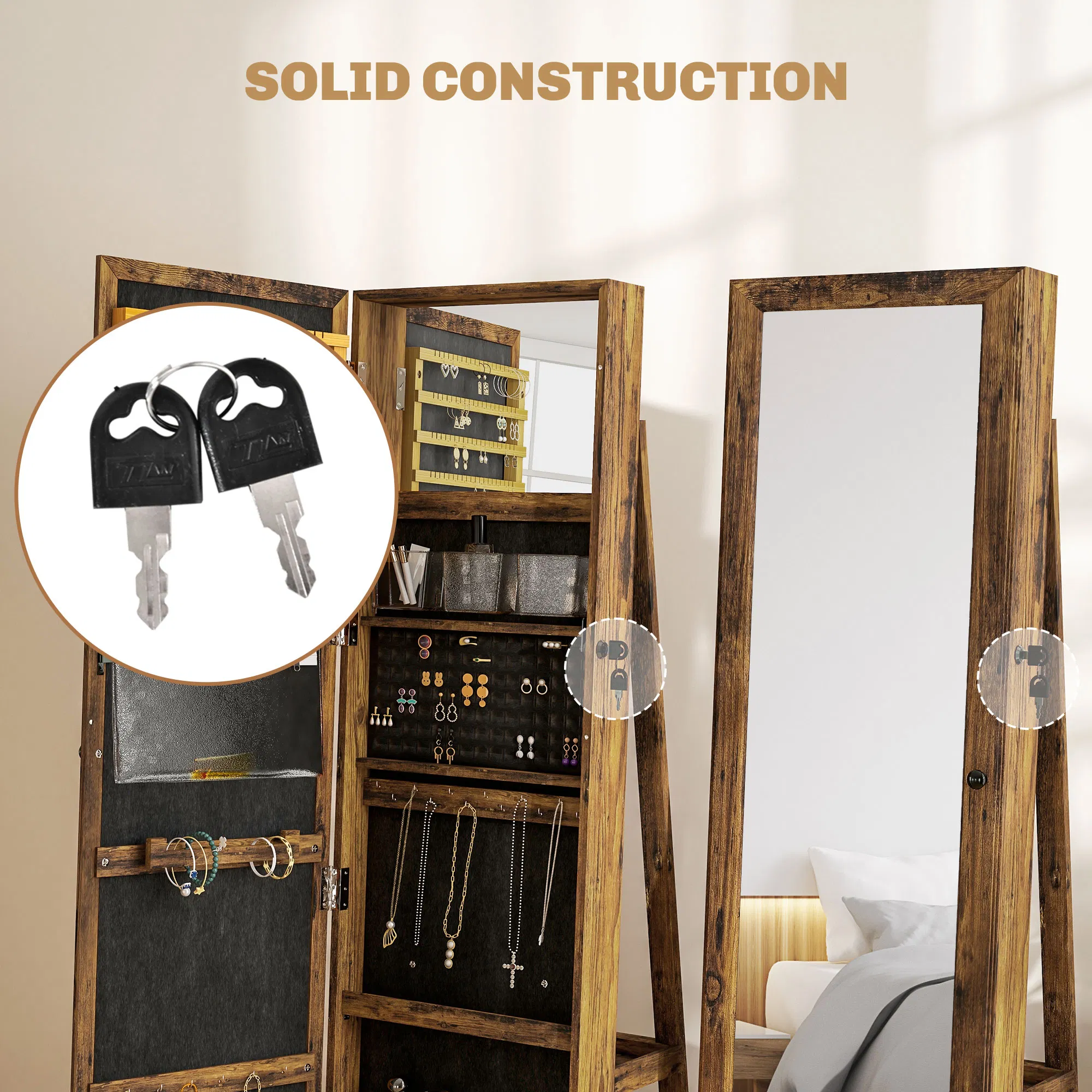 Swivel Jewelry Armoire, Lockable Mirror Jewelry Cabinet with Built-In Small Mirror, Rustic Brown photo 3