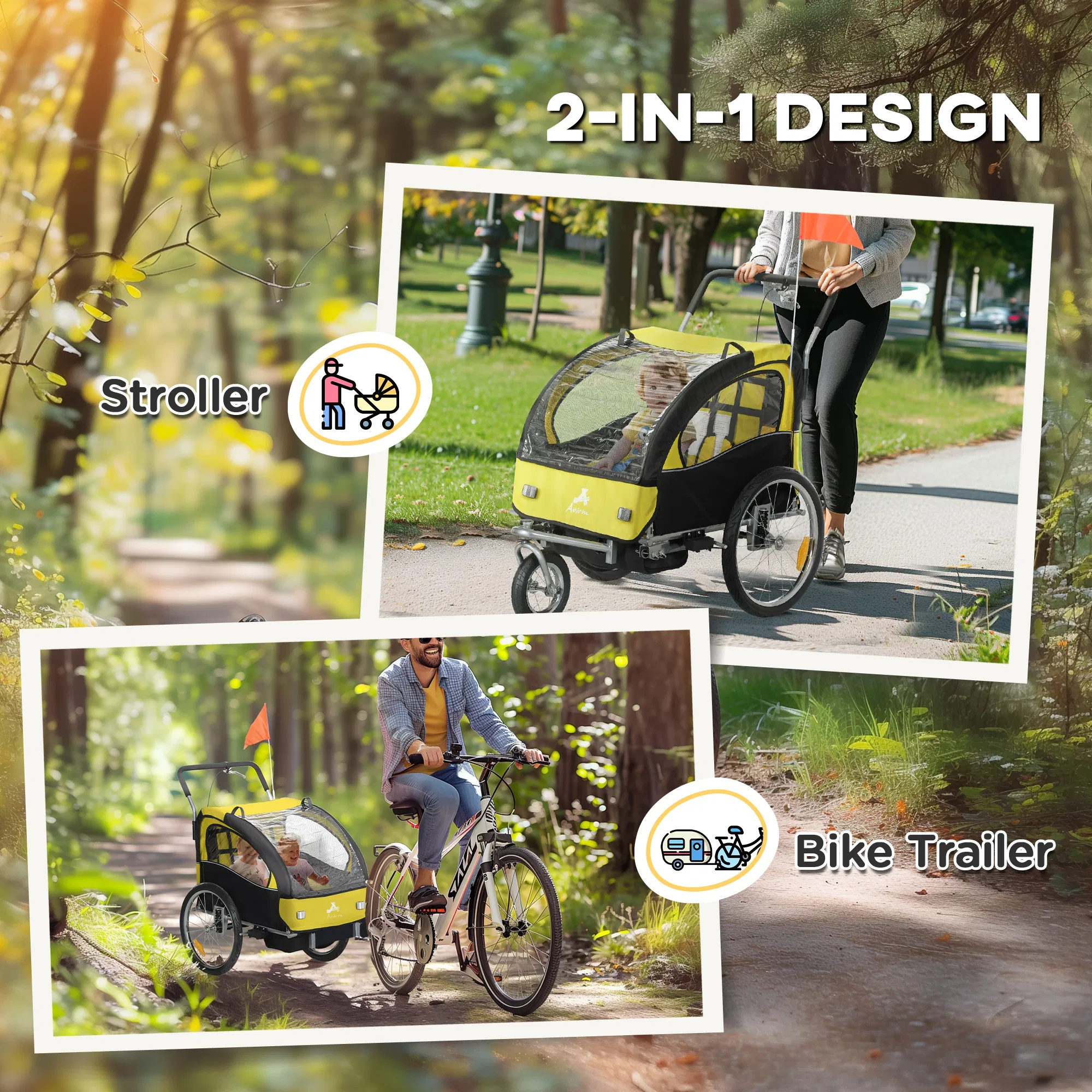 2-in-1 Bike Trailer for Kids, Foldable 2-Seat Baby Stroller with 5-Point Harness, Rubber Wheels, Storage Bag, Yellow photo 2