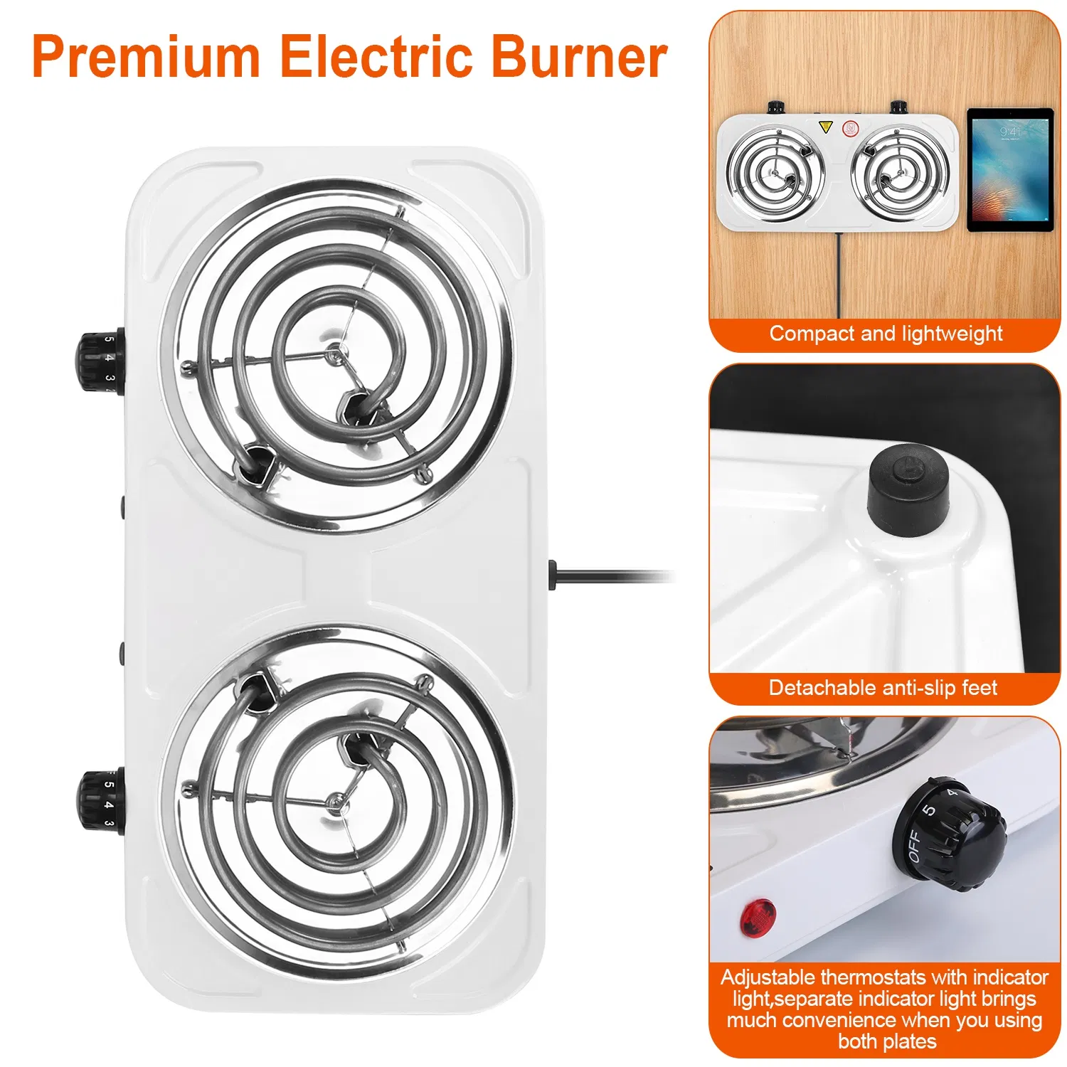 Portable Double Electric Burner, 2000W Even Heating with Independent Thermostat, Compact Hot Plate for College Dorms Small Apartments Campers photo 2