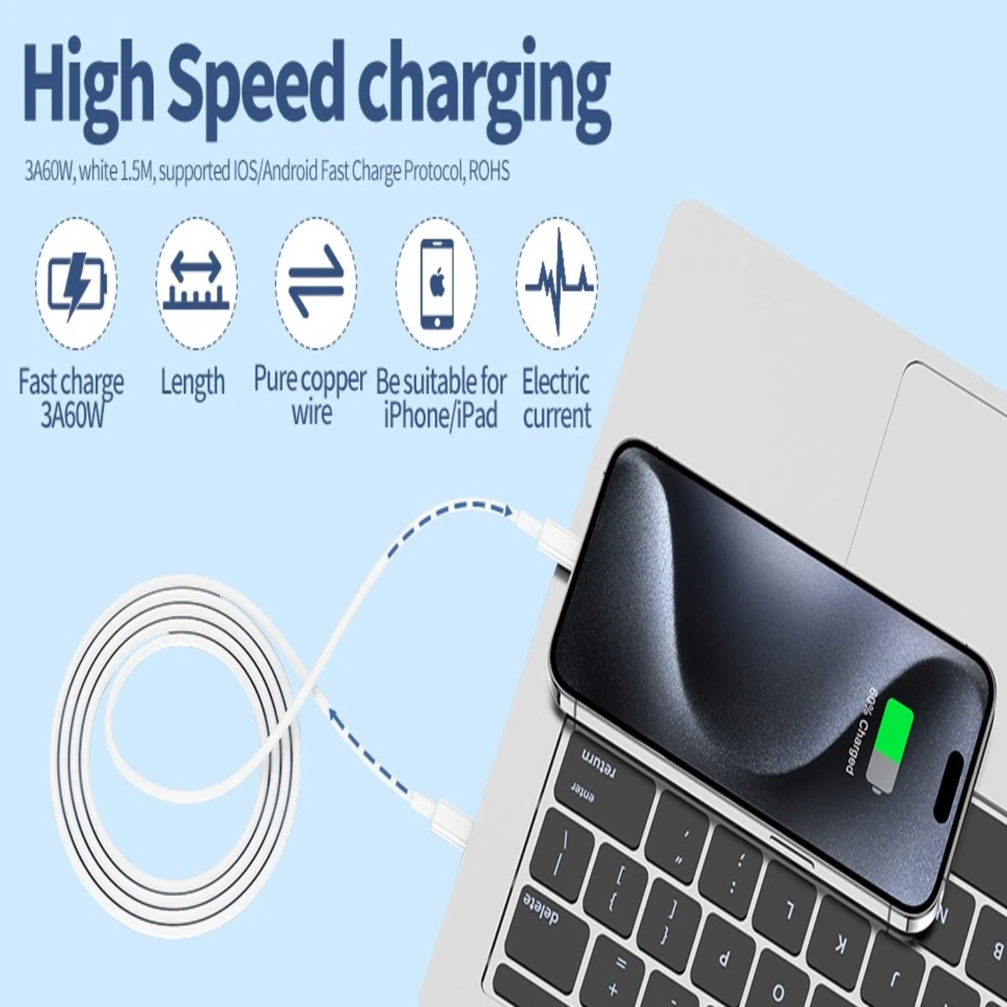 Type C - C TypeC data cable, 60W fast charging data cable (3A) - 1.5 meters white USB-C to USB-C PD fast charging cable | Compatible with i compatible iPhone, Android devices, iPad, etc. - Durable photo 7