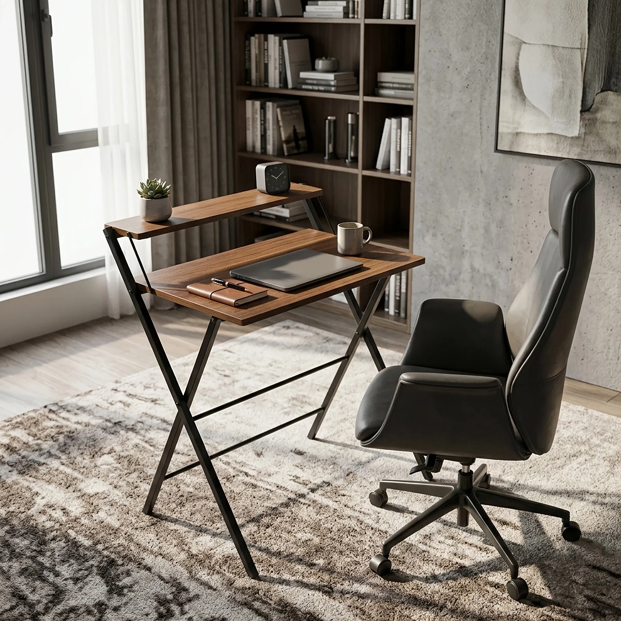 Small Folding Desk with Shelf, No-Assembly Foldable Computer Table for Tight Spaces, Portable Writing Desk for Office Dorm Apartment, Space Saving And Sturdy Metal Frame photo 7