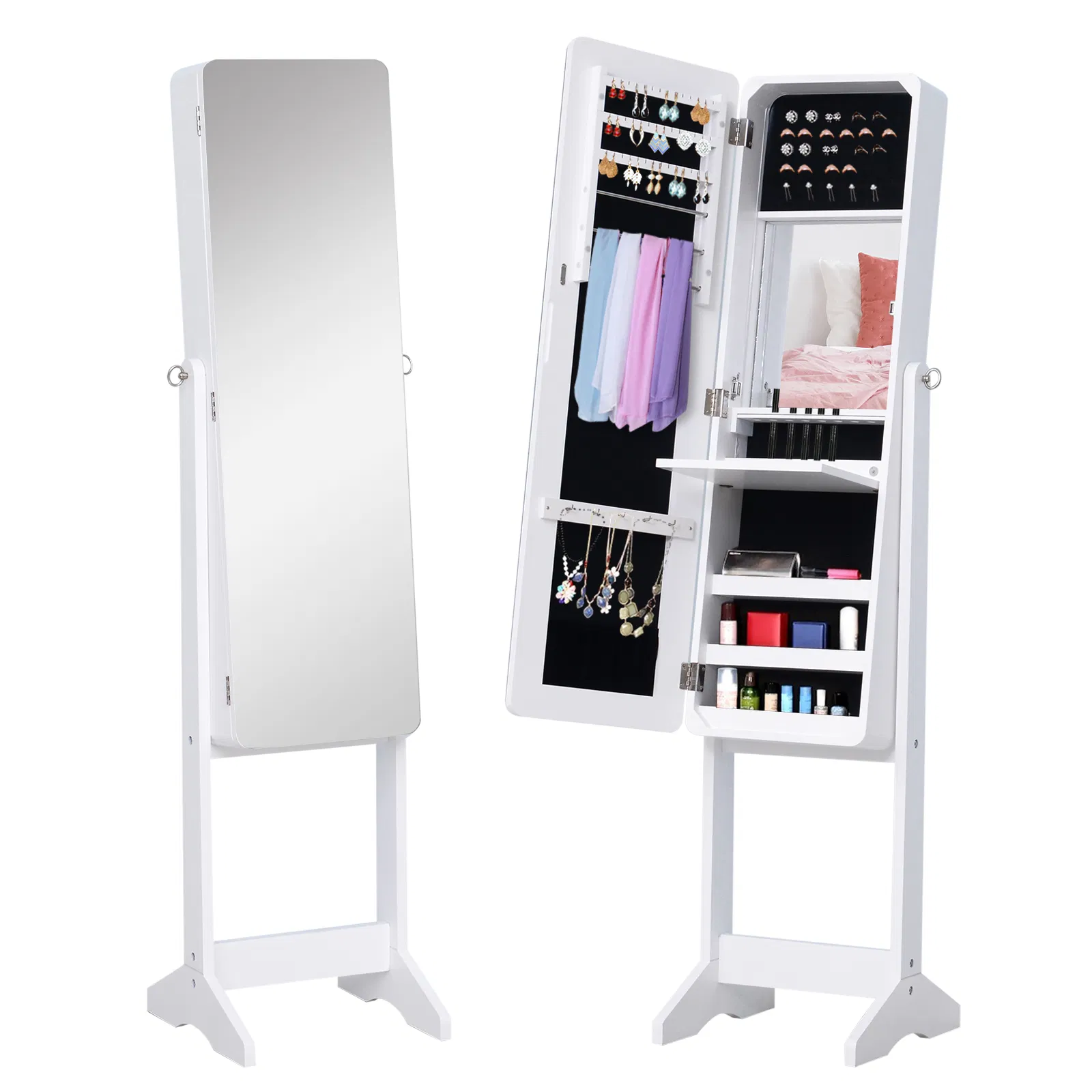 Mirrored Jewelry Armoire LED Lights Freestanding Organizer Adjustable Angle Lockable Cabinet White photo 1