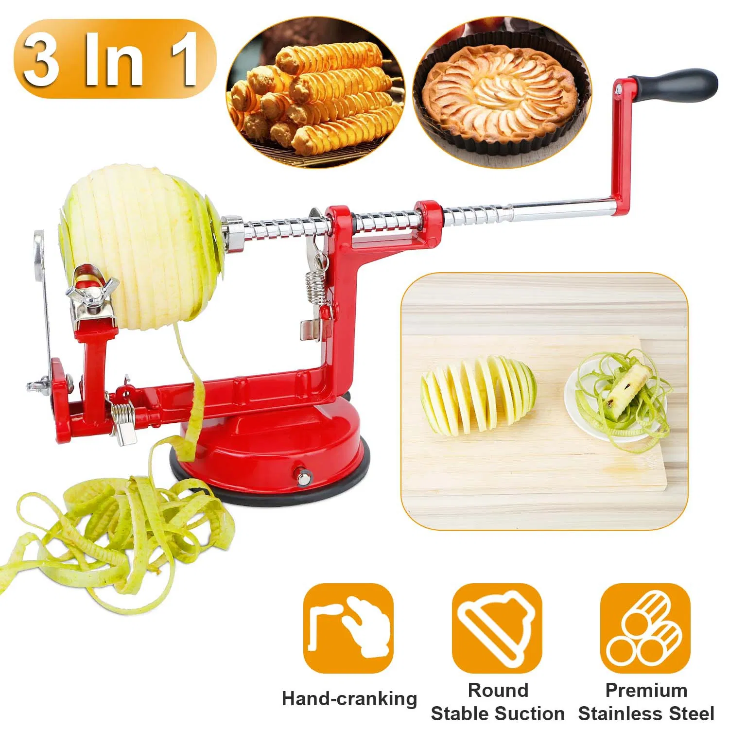 3 in 1 Apple Peeler Slicer Corer with Stainless Steel Blade, Zinc Alloy Hand Crank Fruit Peeler Machine, Strong Suction Base Easy Clean Peeling Tool for Apple Orange Grapefruit Lime photo 1