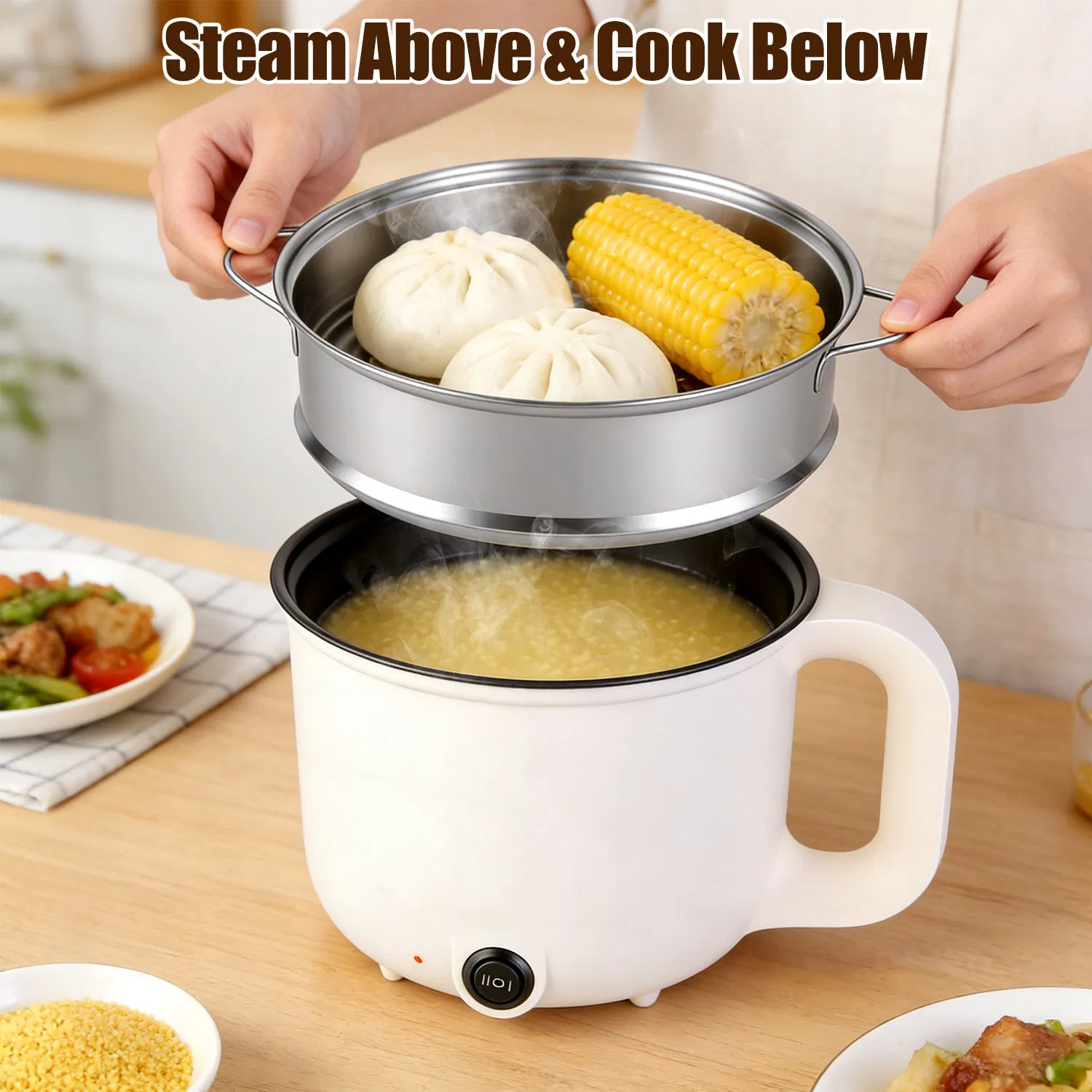 Electric Hot Pot with Steamer 1.8L Mini Portable Hot Pot with 300W 600W Dual Power for Egg Fried Rice Ramen Oatmeal Soup Overheat Protection for College Dorm Room Essential photo 5