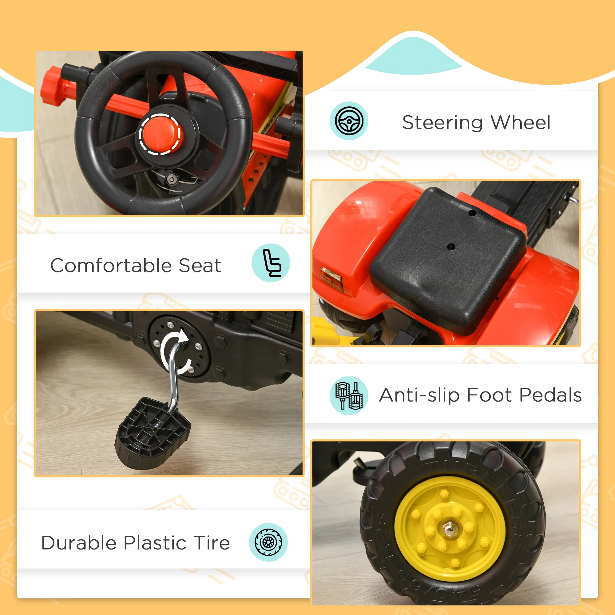3 in 1 Kids Ride On Excavator Toy with 6 Wheels, Bulldozer with Controllable Cargo Trailer & Easy Pedal Controls photo 3