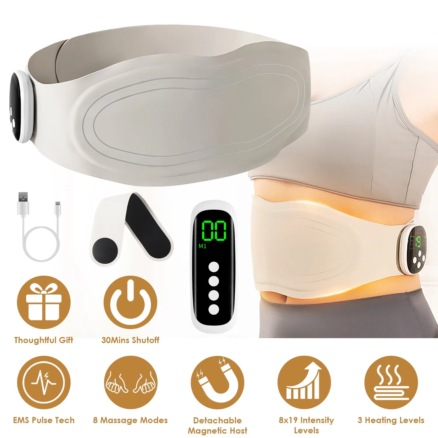 Portable Cordless EMS Heating Pad Massager 8 Customizable Modes,19 Intensity Levels,3 Heating Settings,Magnetic Detachable Host,Perfect Gift for Back Pain,Period Cramps,Post Workout Recovery photo 1