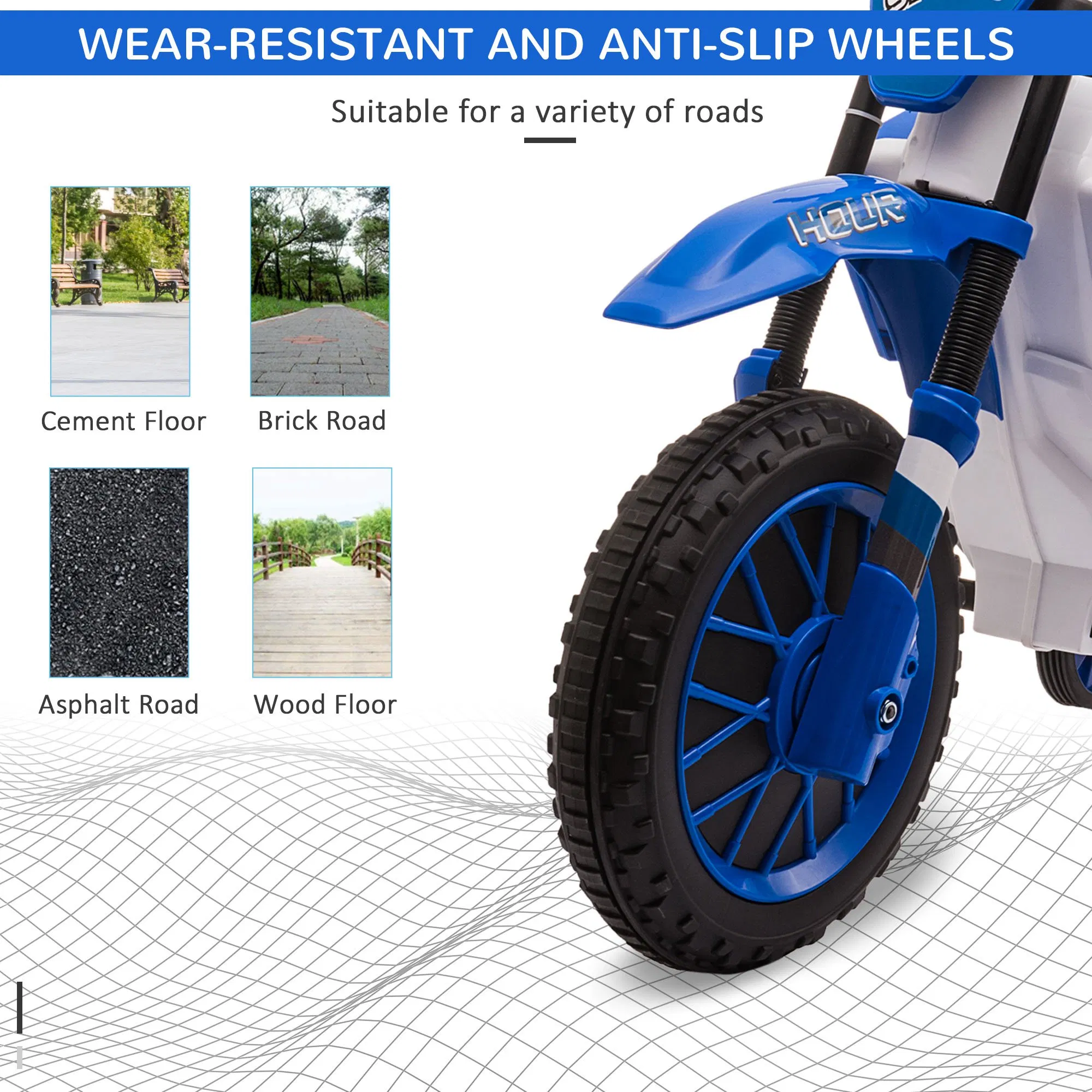 Kids Dirt Bike Battery-Powered Ride-On Electric Motorcycle with Charging 12V Battery, Training Wheels Blue photo 6
