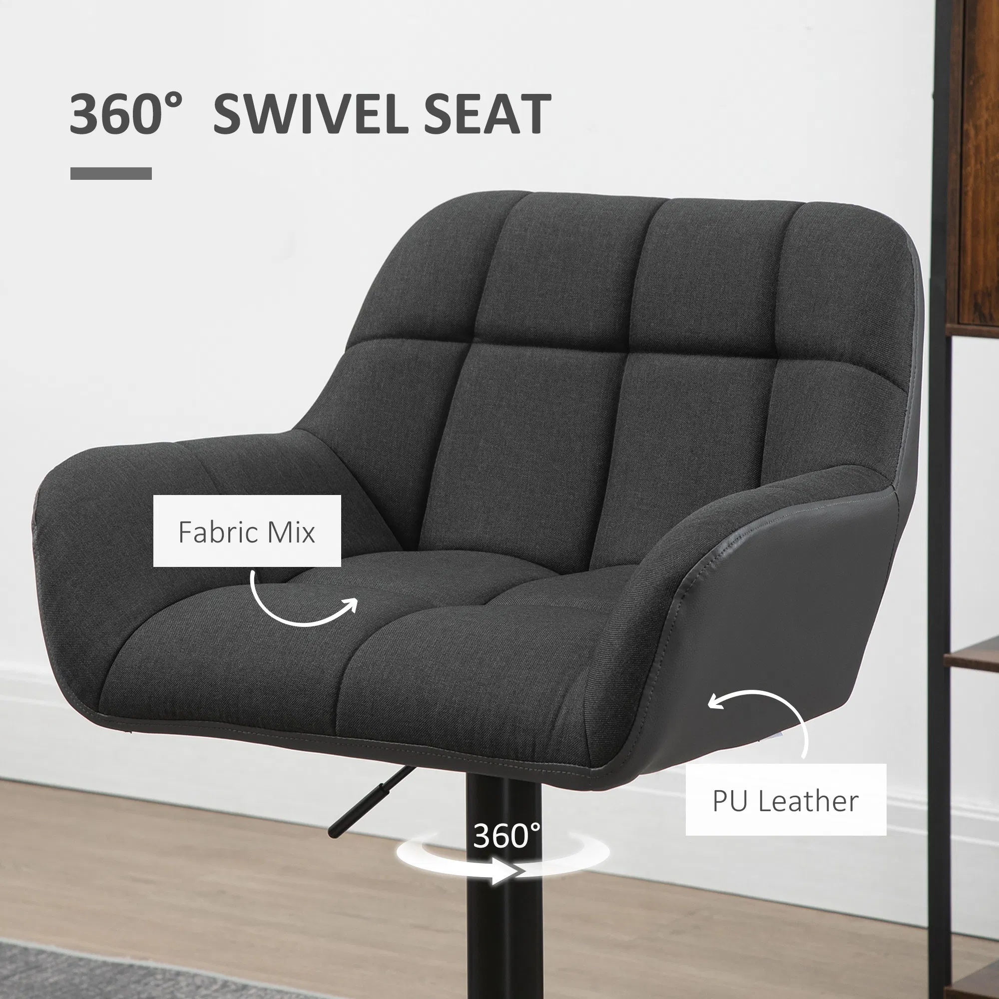 Swivel Barstools Set of 2 Adjustable Bar Stools with Footrest Armrests and PU Leather Back for Dining Room Black, Grey photo 5
