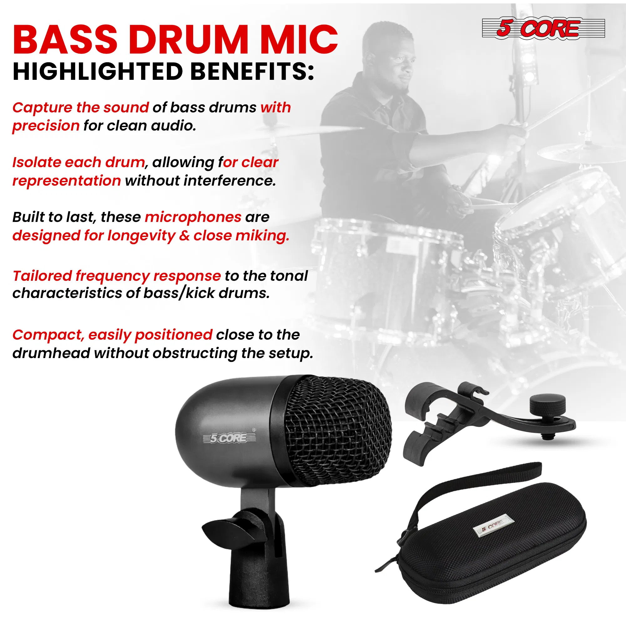 5 Core Drum Mic High Sensitivity Snare Tom Instrument Microphone with Dynamic Moving Coil Uni-Directional Pick Up Pattern Swivel Mount Durable Steel Mesh Grille photo 5