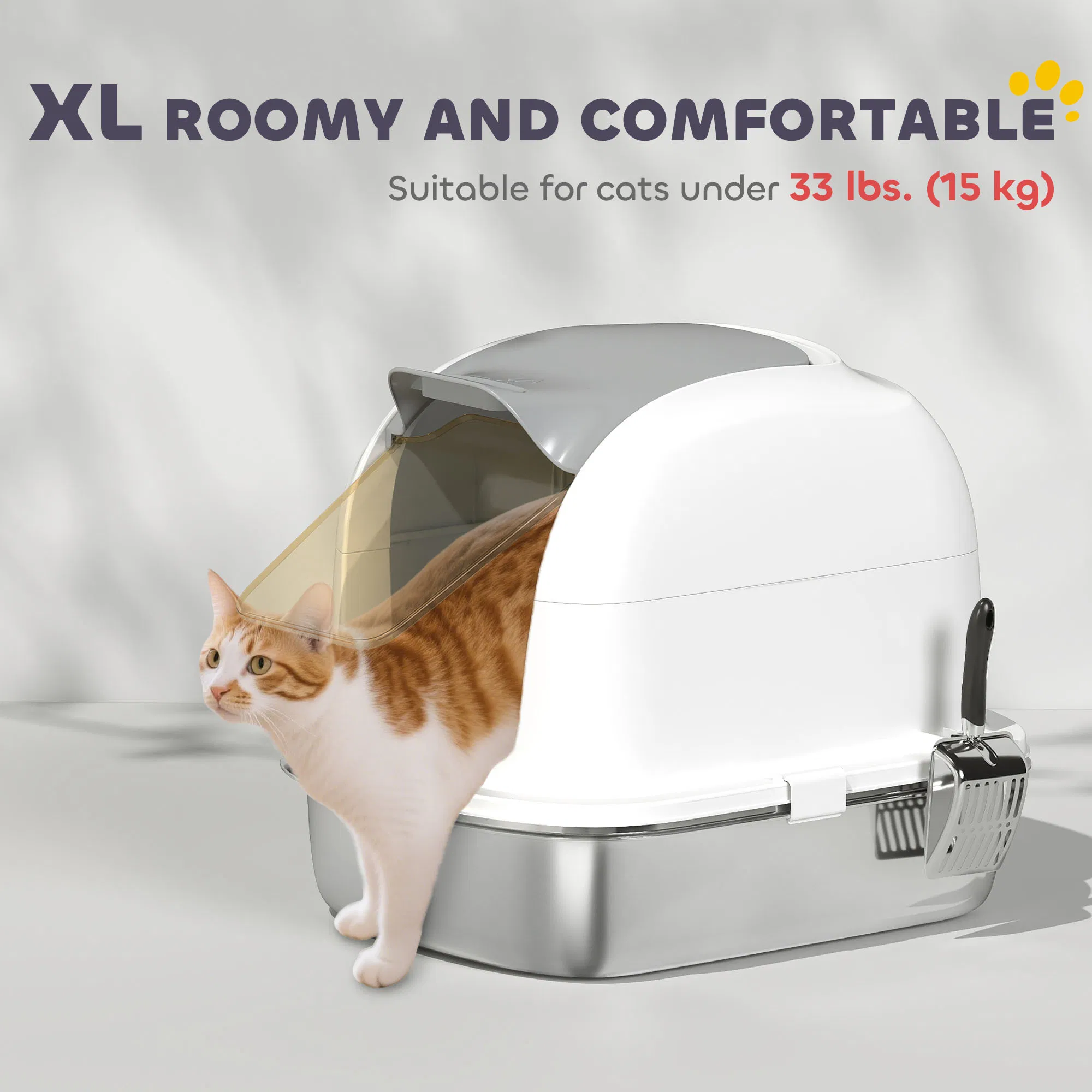 XL Stainless Steel Cat Litter Box with Lid for Big Cats, Enclosed Cat Litter Box with Flip Cover, Scoop photo 4