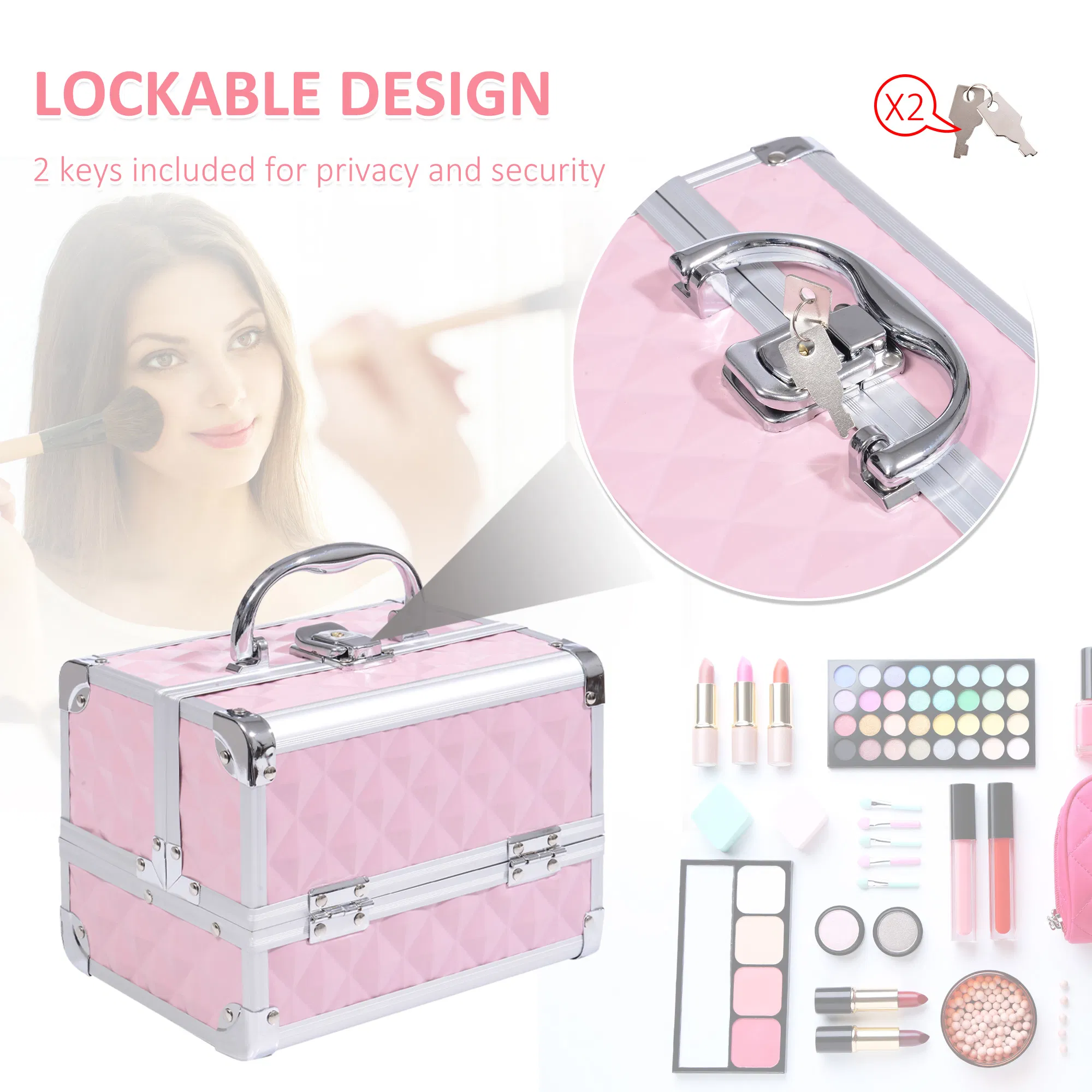 Cosmetic Train Case 3 Tier Diamond Texture Organizer with Mirror Portable Pink 8"x6"x6" photo 3