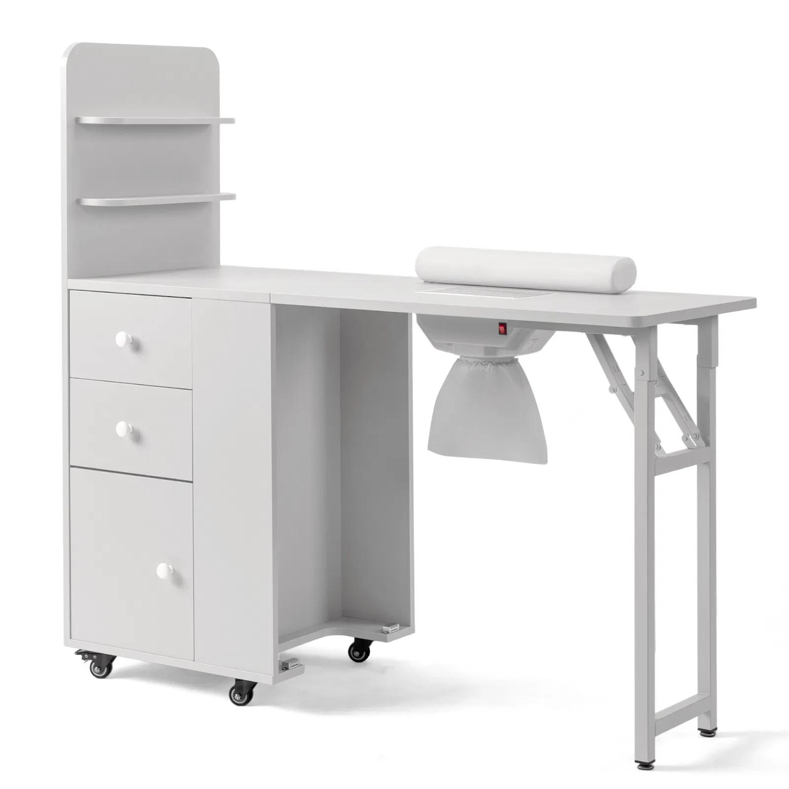 White MDF Folding Nail Desk with 2 Drawers, Cabinet Door & Storage Shelf photo 7