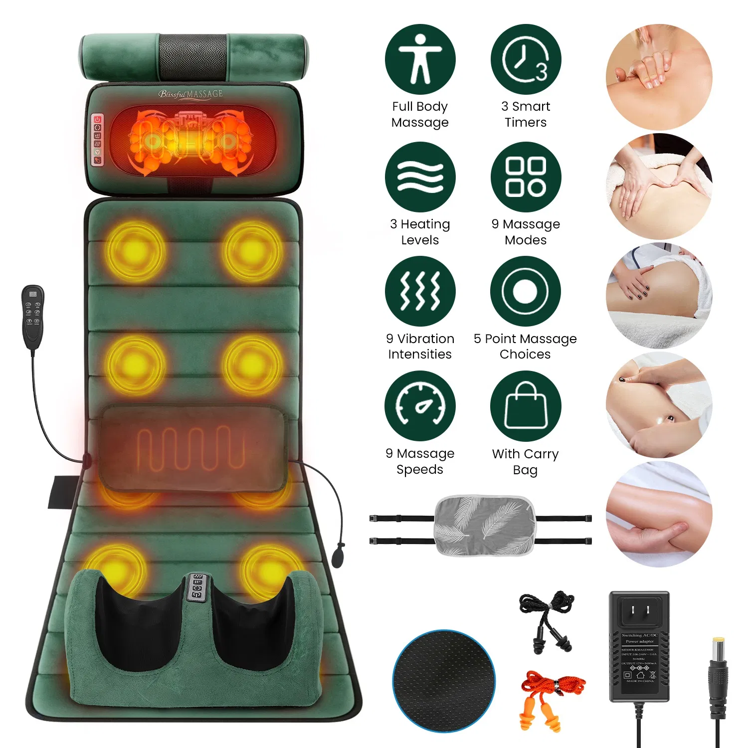 Full Body Massage Pad with Separable Shiatsu Neck & Foot Massagers, Adjustable Inflatable Waist Pillow 3 Heat Levels Custom Vibration Settings Foldable Design with Carry Bag photo 1