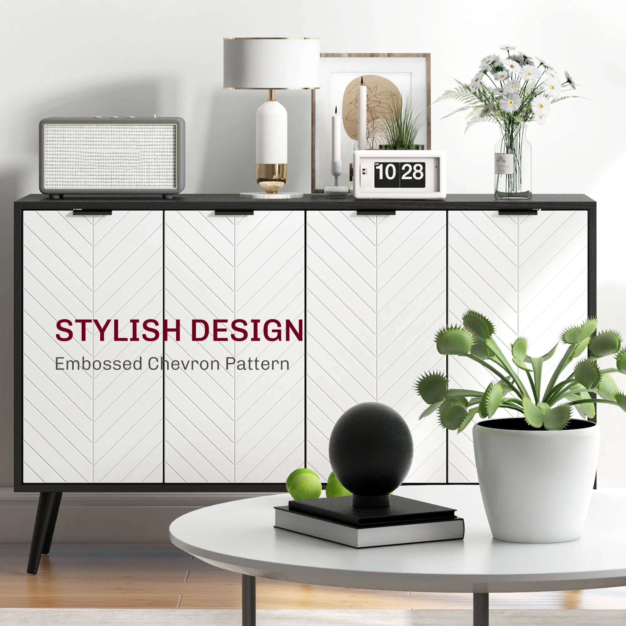 Modern Sideboard and Buffet, Dining Room Cabinet with Adjustable Shelves and 4 Doors, Black photo 3