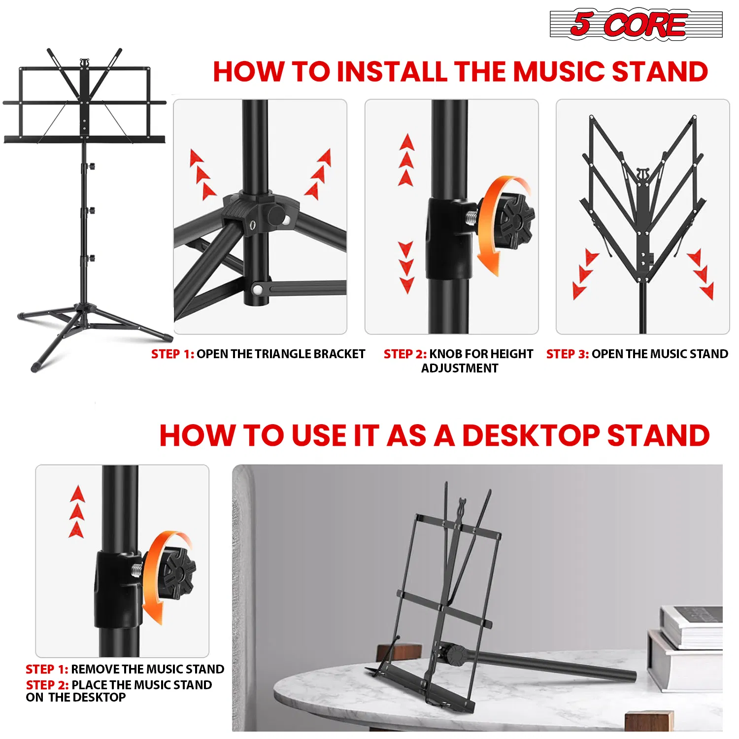 5 Core Music Stand Adjustable Desktop Book Stands Portable Sheet Holder All Metal Foldable Bookstand photo 8
