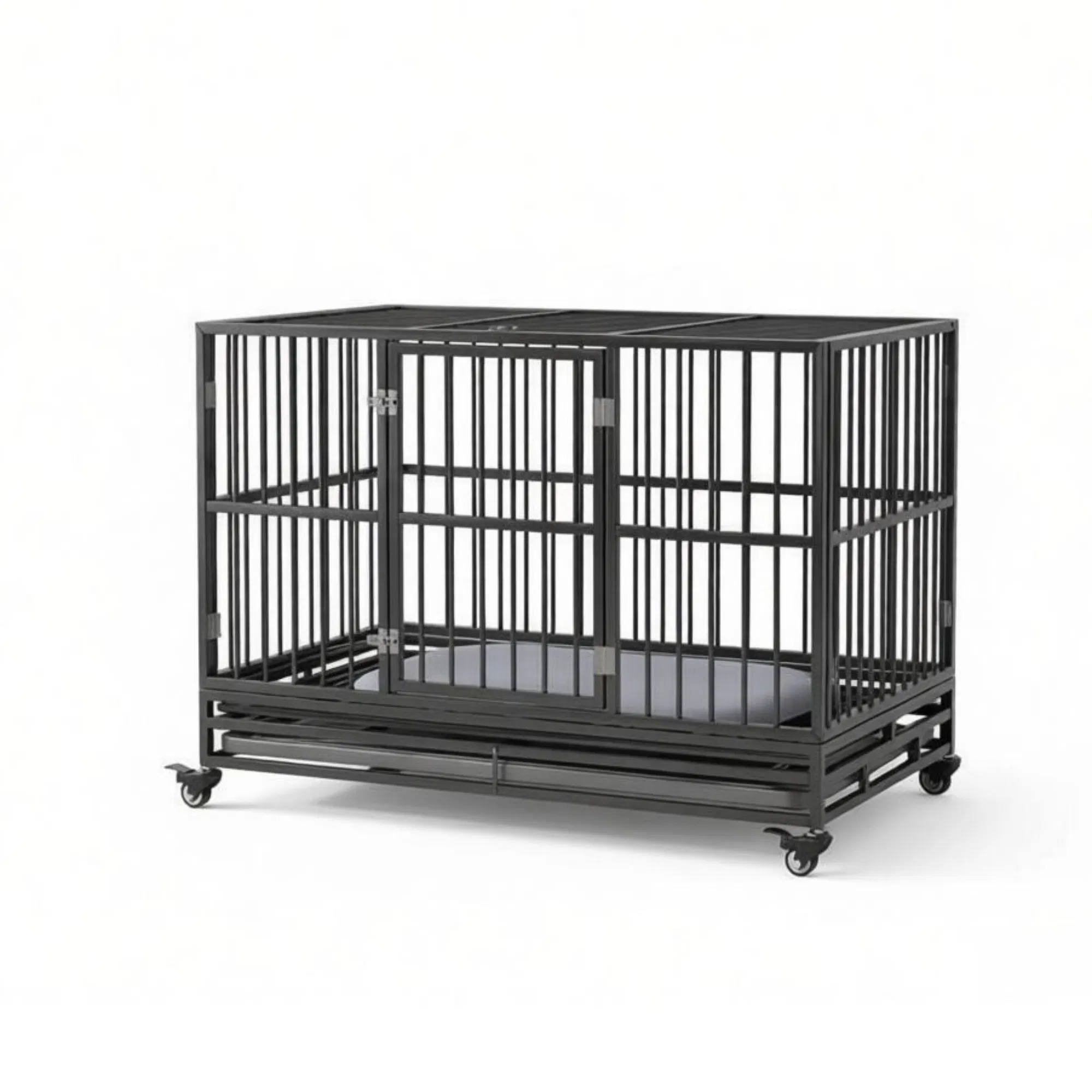 48" Heavy Duty Metal Dog Crate Kennel with Lockable Wheels Double Door Removable Tray Gray photo 5
