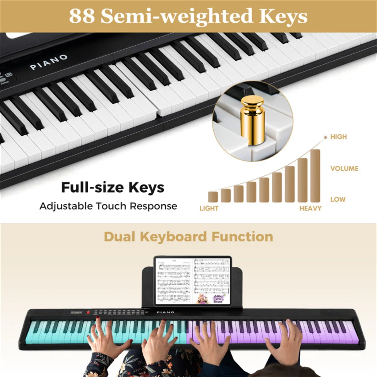 88-Key Semi-Weighted Foldable Digital Piano, 128.27×22.86×5.08 cm Light-Up Keys Keyboard with 3 Teaching Modes for Beginners, Black & White photo 3