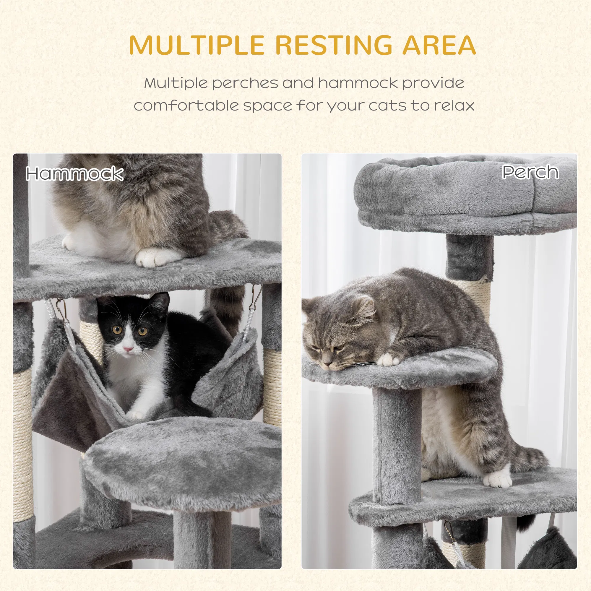 52" Multi-Level Cat Tree Tower, Kitten Scratcher Activity Center Play House with Hammock - Grey photo 6